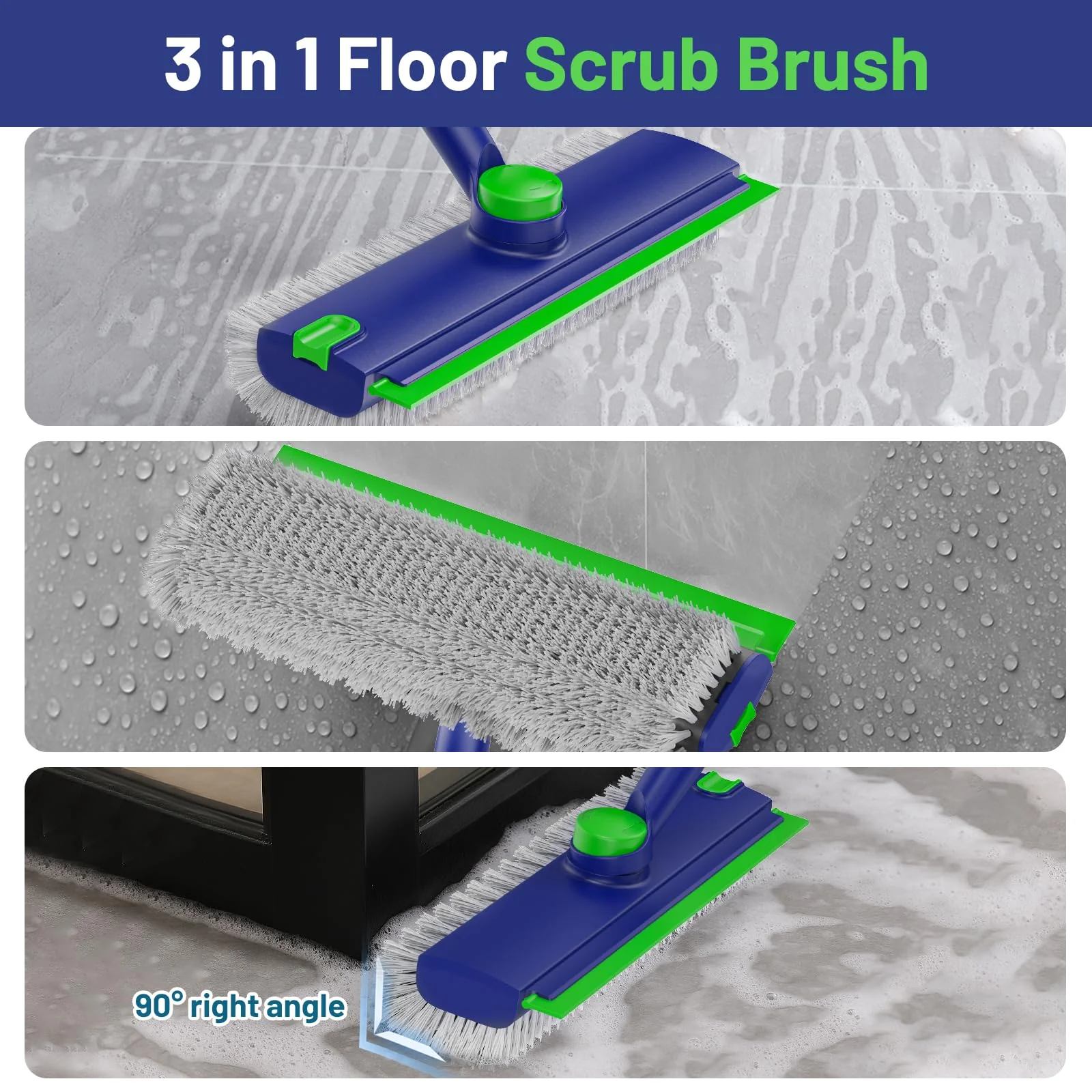EHADOO Floor Scrub Brush with Long Handle: 3 in 1 Heavy-Duty Floor Scrubber Brush with Squeegee for Cleaning Tile Bathroom Deck Kitchen Patio - Blue - Image 3