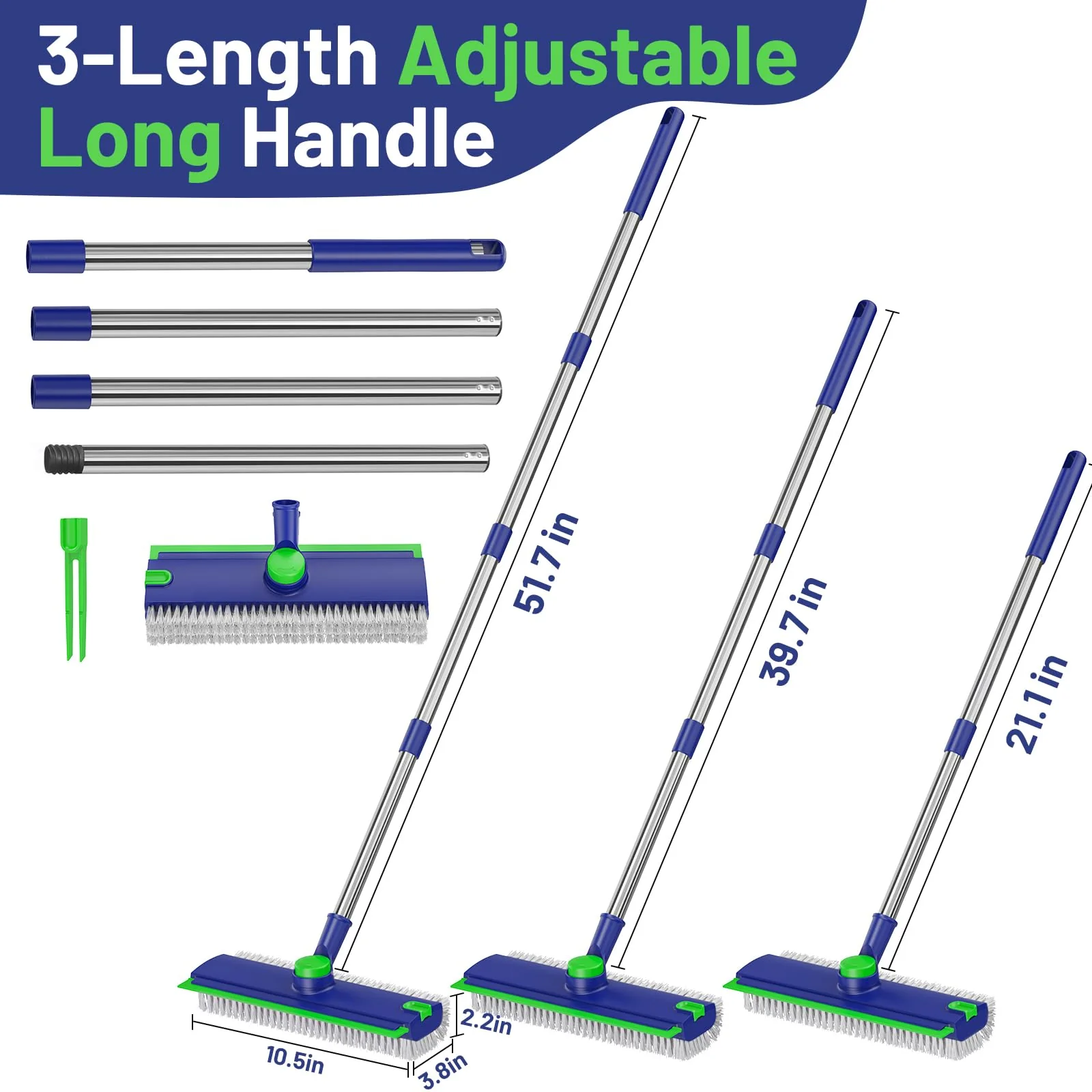 EHADOO Floor Scrub Brush with Long Handle: 3 in 1 Heavy-Duty Floor Scrubber Brush with Squeegee for Cleaning Tile Bathroom Deck Kitchen Patio - Blue - Image 6