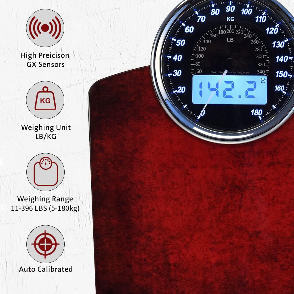 EILISON Highly Advance 2-in-1 Digital & Analog Weighing Scale for Body Weight-400lbs, 4 High Precison GX Sensor Accurate, Thick Tempered Glass, Extra Large Display (Red) - Image 3