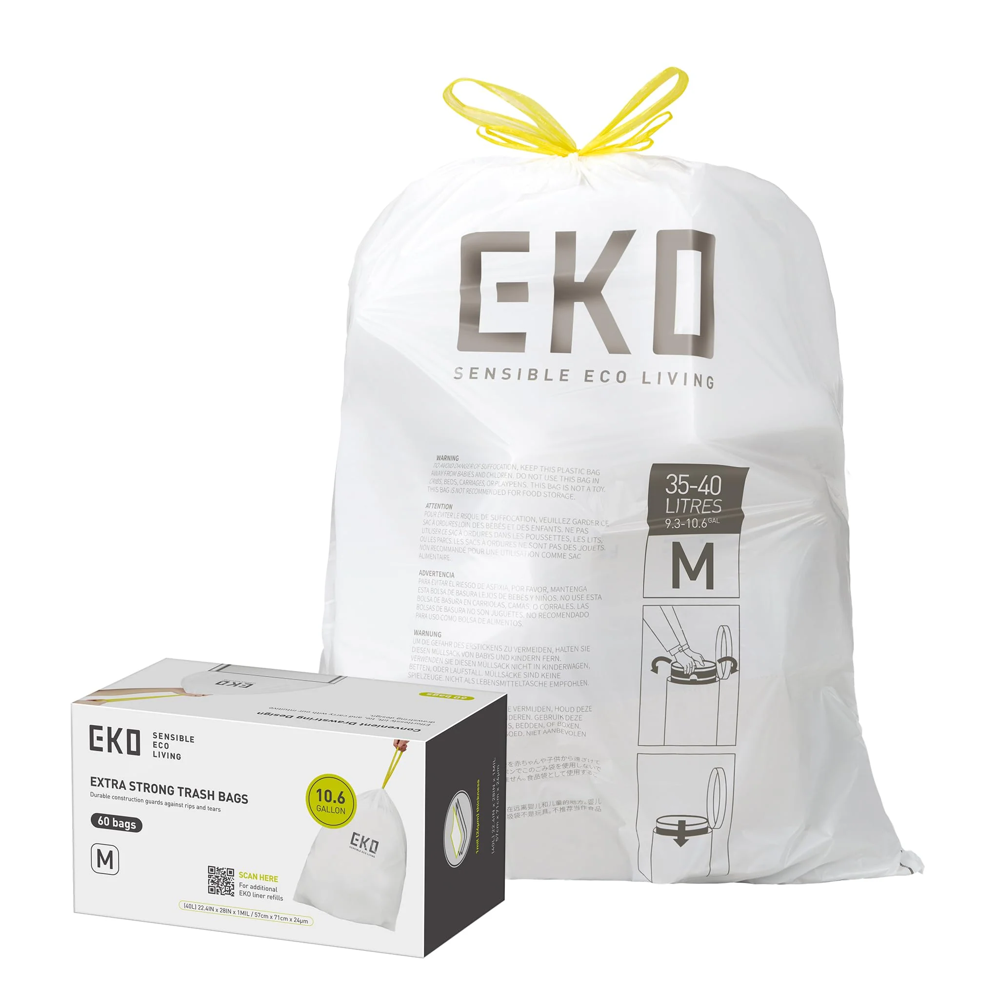 EKO 10.6 Gallon / 35–40 Liter Drawstring Trash Bags, 60 Count Heavy-Duty Tall Kitchen Garbage Can Liners, Extra-Strong Leak-Resistant, Unscented, White, Code M