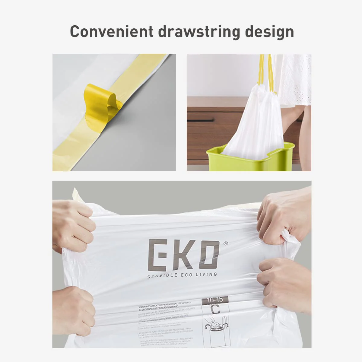 EKO 21 Gallon / 50-90 Liter, 60 Count Drawstring Trash Bags, Extra-Strong Unscented Garbage Bags, Easy-Dispense Roll for Kitchen & Household Use, Code G, White - Image 6