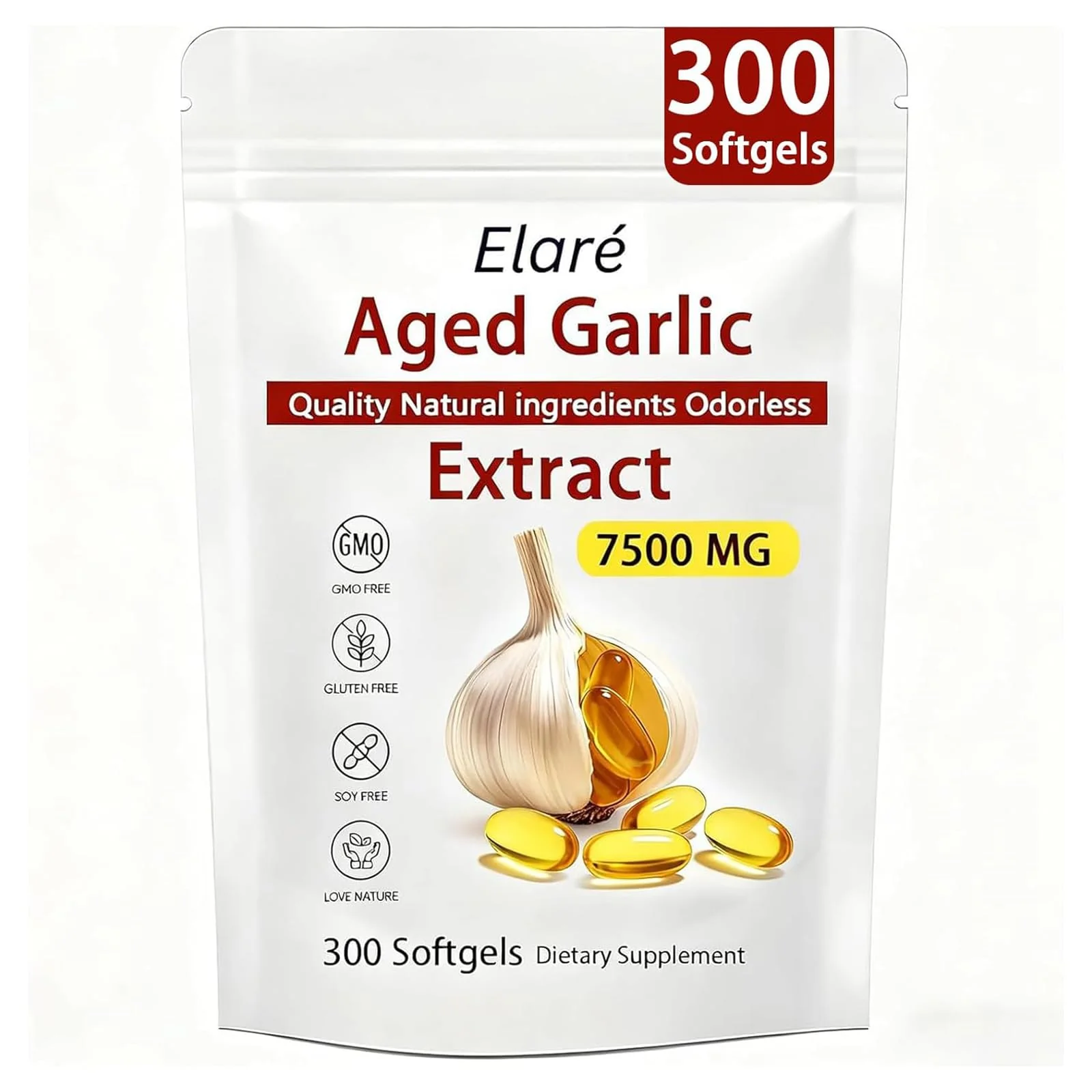Elare Aged Garlic Extract - 7500mg Odorless, Organic Garlic Extract Capsules | Heart & Immune Antioxidant Supplements, Vegetarian, All-Natural, Non-GMO, 300 Softgels