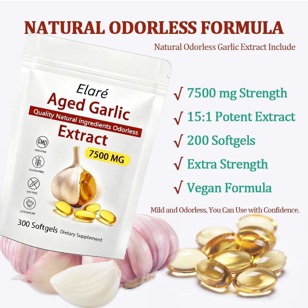 Elare Aged Garlic Extract - 7500mg Odorless, Organic Garlic Extract Capsules | Heart & Immune Antioxidant Supplements, Vegetarian, All-Natural, Non-GMO, 300 Softgels - Image 7