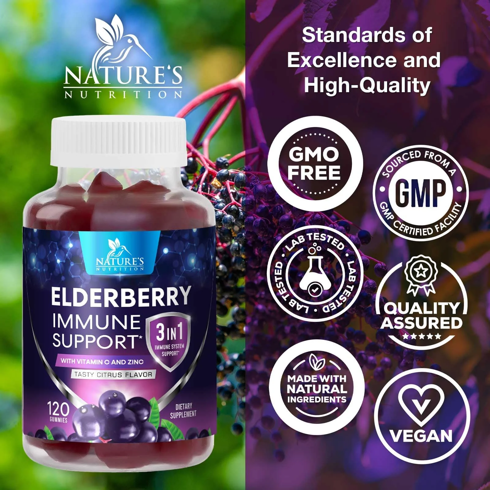 Elderberry Gummies - 3X Strength Black Elderberry Immune Support Gummy with Vitamin C, D3 and Zinc for Kids & Adults, Immune Health Support Supplement Gummy, Black Elder Berry Vitamins - 120 Gummies - Image 7