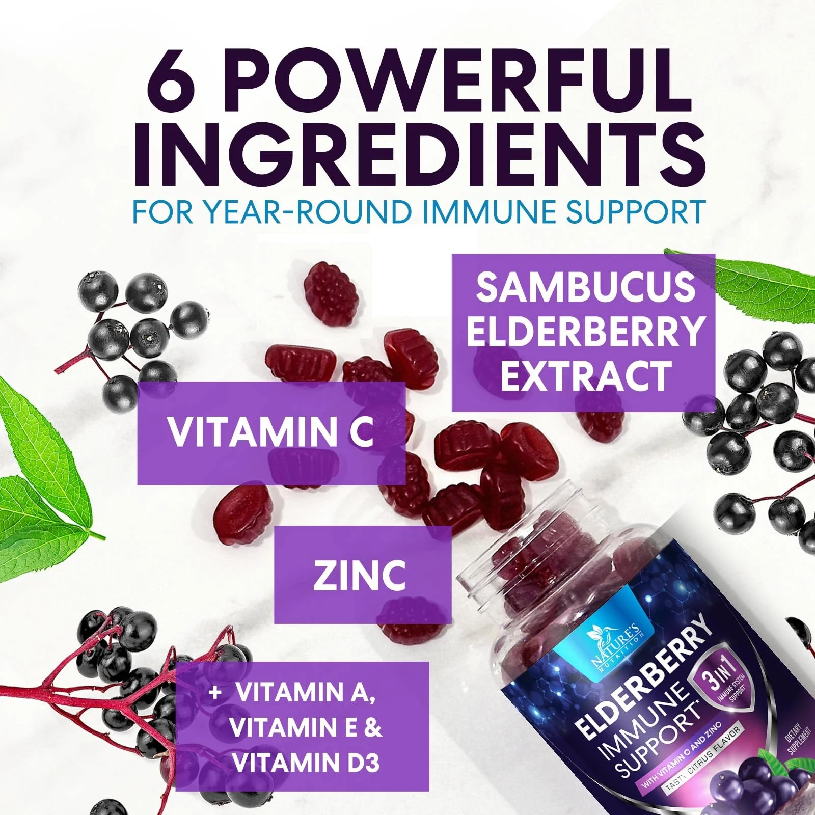 Elderberry Gummies - 3X Strength Black Elderberry Immune Support Gummy with Vitamin C, D3 and Zinc for Kids & Adults, Immune Health Support Supplement Gummy, Black Elder Berry Vitamins - 120 Gummies - Image 8