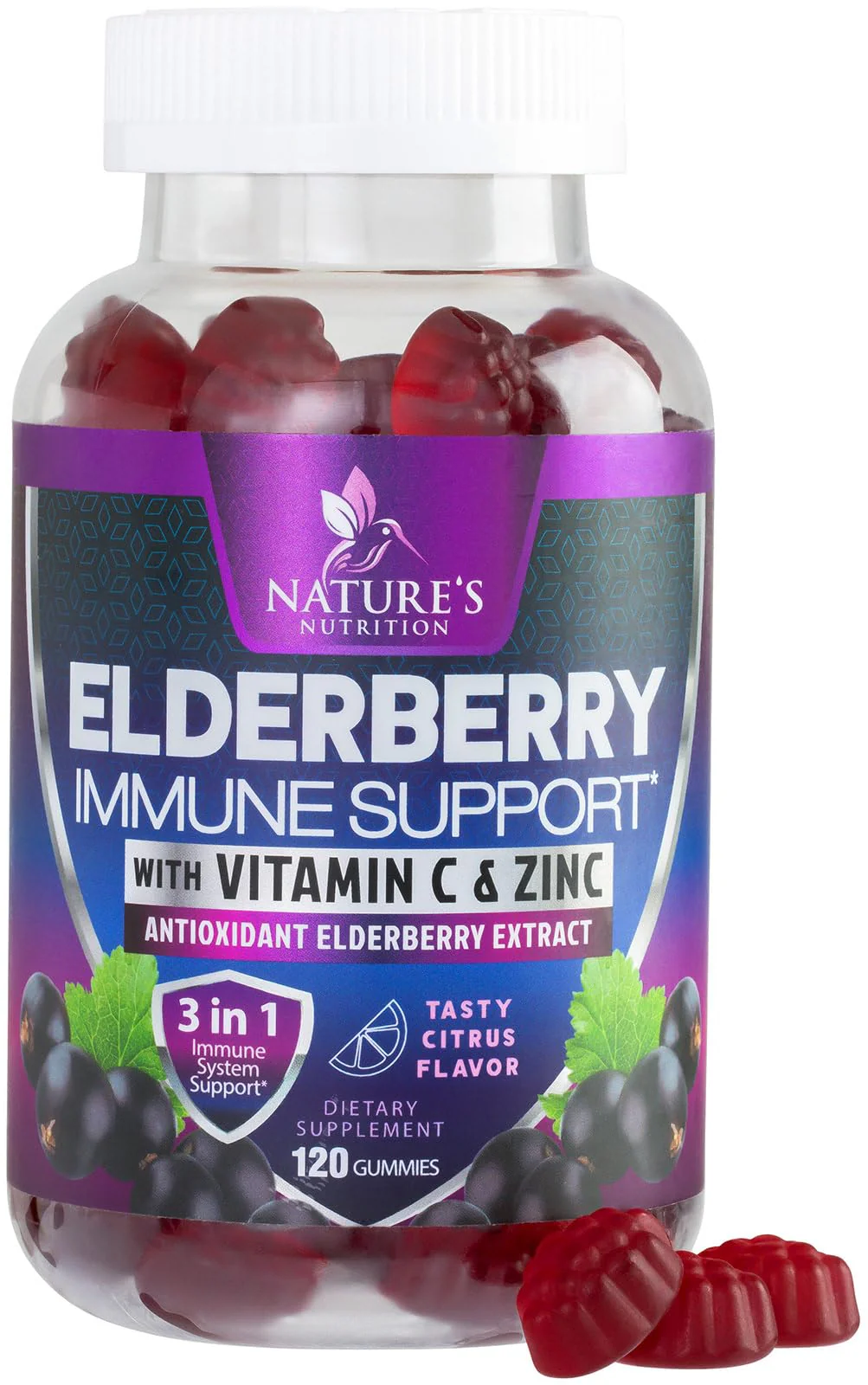 Elderberry Immune Support Gummies - 3X Strength Sambucus Elderberry Gummy with Vitamin C, D3 & Zinc - Nature’s Black Elderberry Extract - Immune Support Supplement for Adults & Kids - 120 Gummies