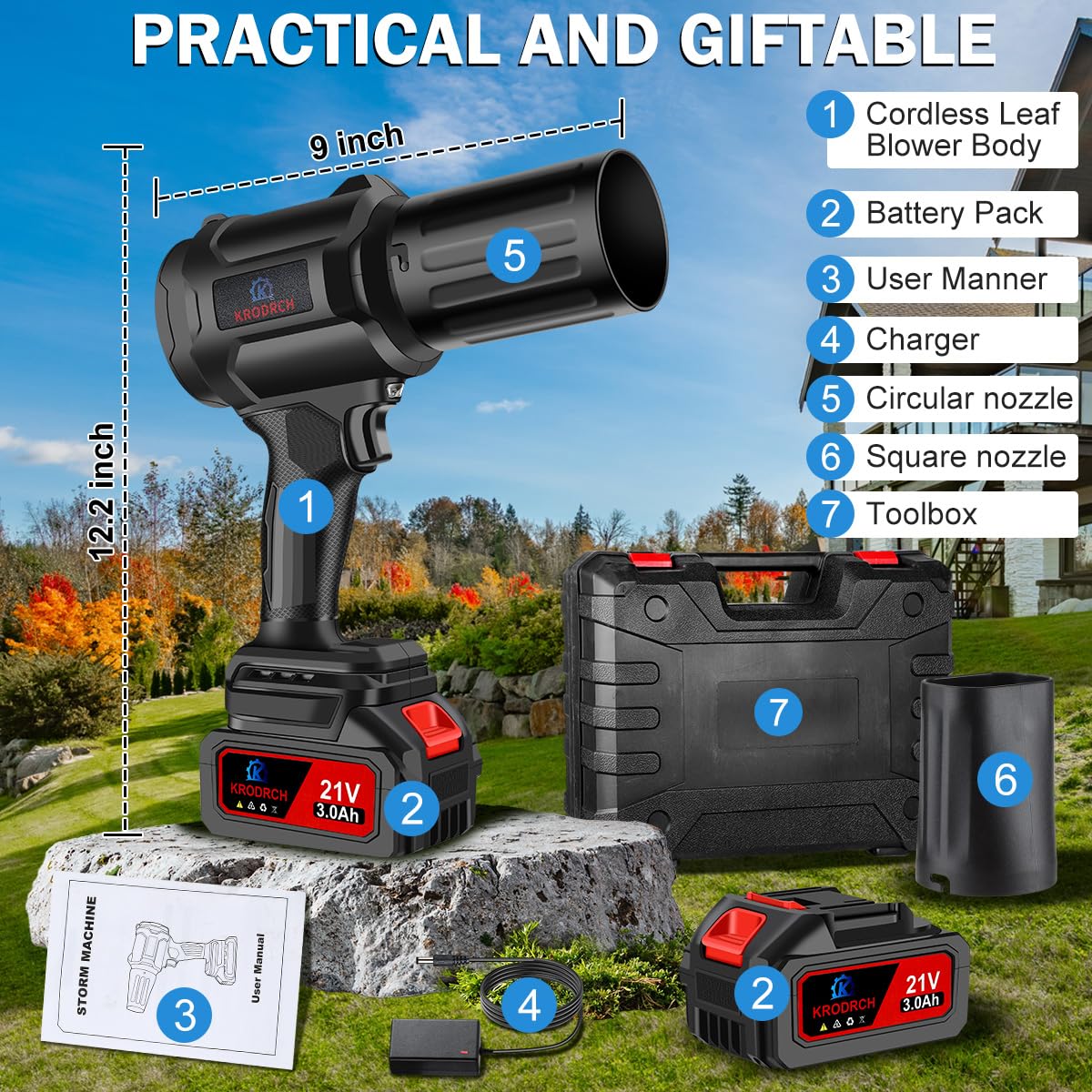 Electric Cordless Leaf Blower with 2 X 3.0Ah Batteries and Charger Included, 300000RPM Handheld Leaf Blower, Violent Leafs Blower for Lawn Care, Garage, Patio, Car - Image 6