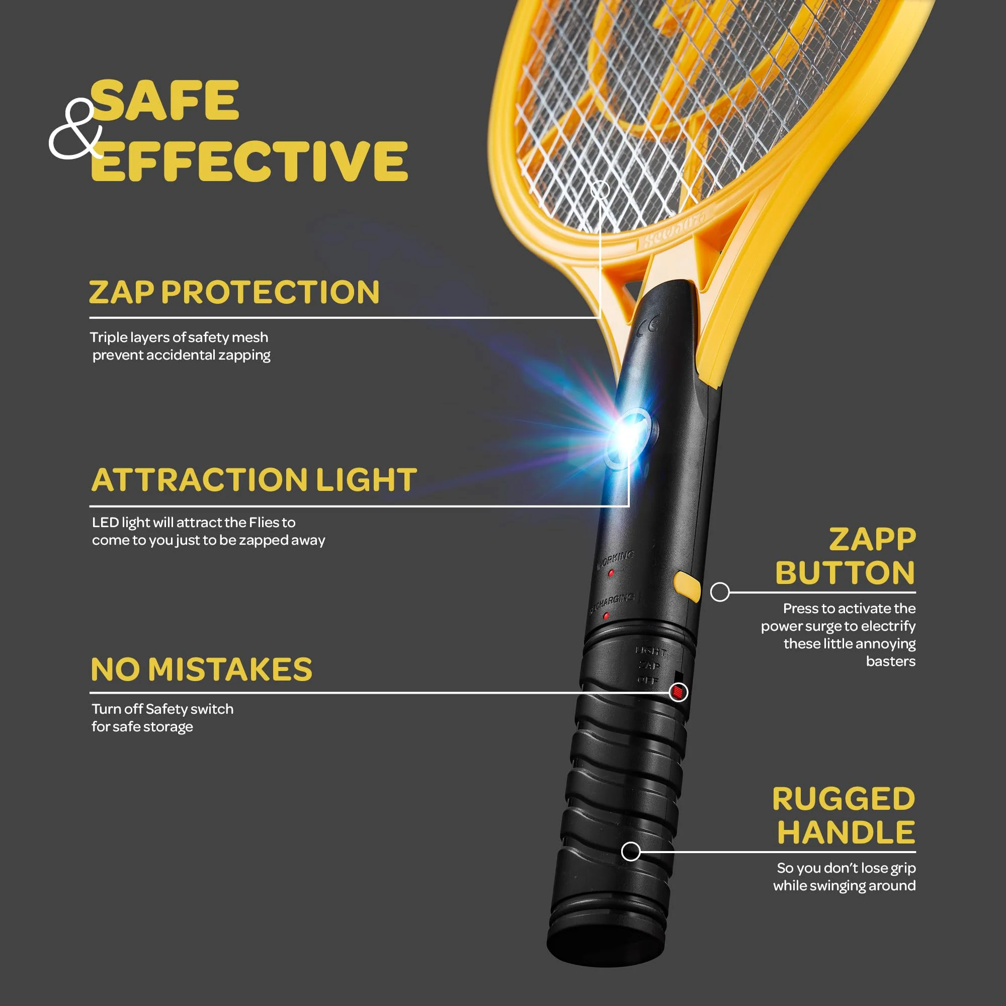 Electric Fly Swatter [Set of 2] Handheld Bug Zapper Racket for Indoor/Outdoor - 4000 Volt Swatter - Instant Bug & Mosquito Killer with Attractant LED Light - USB Rechargeable Portable Fly Zapper. - Image 7