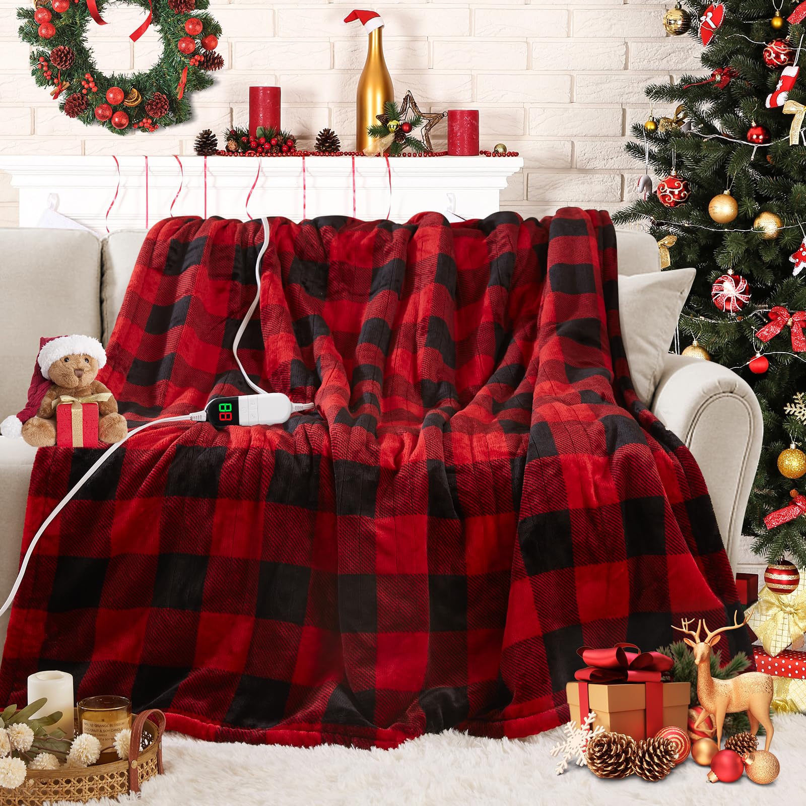 Electric Heated Sherpa Buffalo Plaid Christmas Throw Blanket with 8 Heating Levels & 8 Hours Auto Off, Fast Heating Warm Plush Washable Blanket with Over-Heat Protection, ETL Certification, Red - Image 2