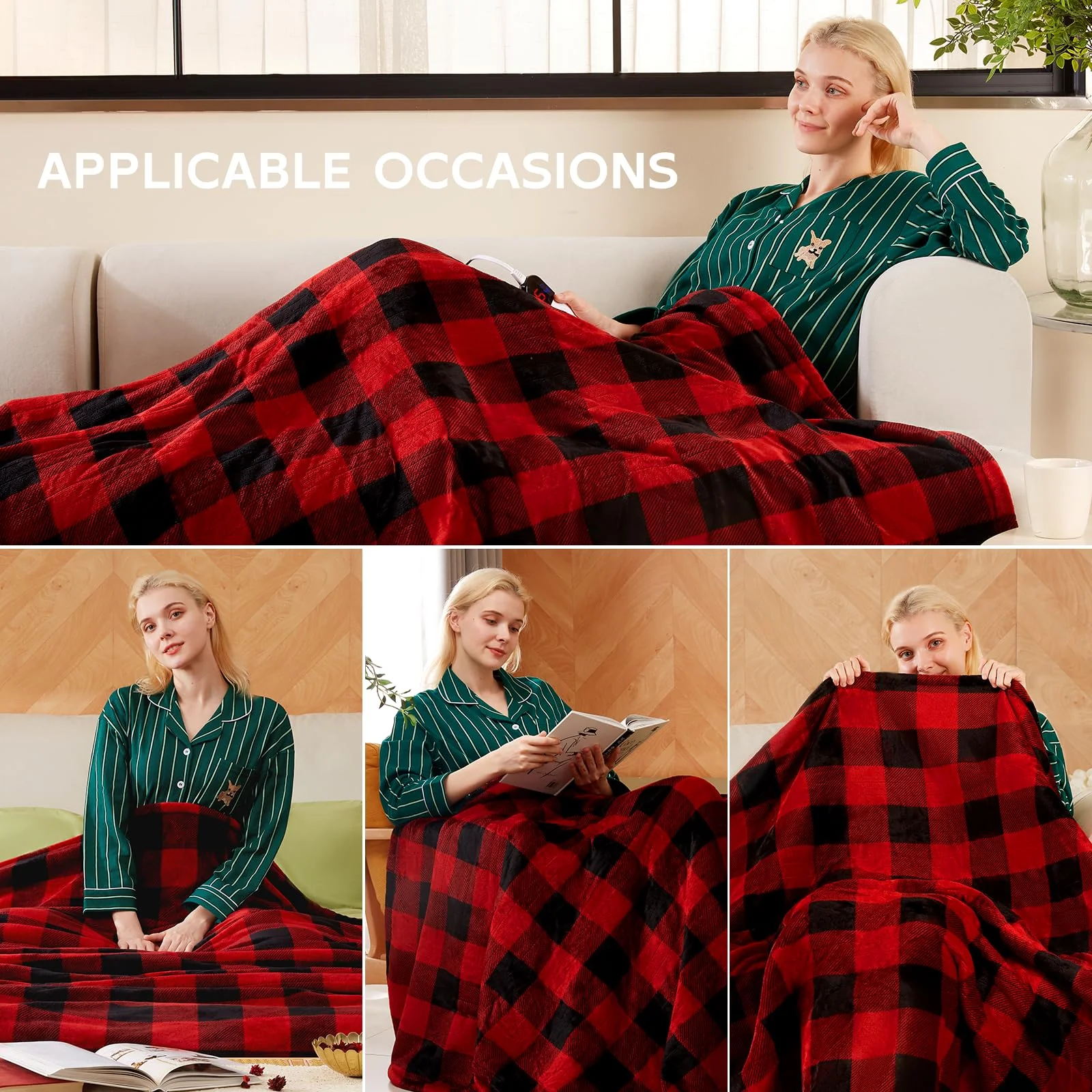 Electric Heated Sherpa Buffalo Plaid Christmas Throw Blanket with 8 Heating Levels & 8 Hours Auto Off, Fast Heating Warm Plush Washable Blanket with Over-Heat Protection, ETL Certification, Red - Image 4