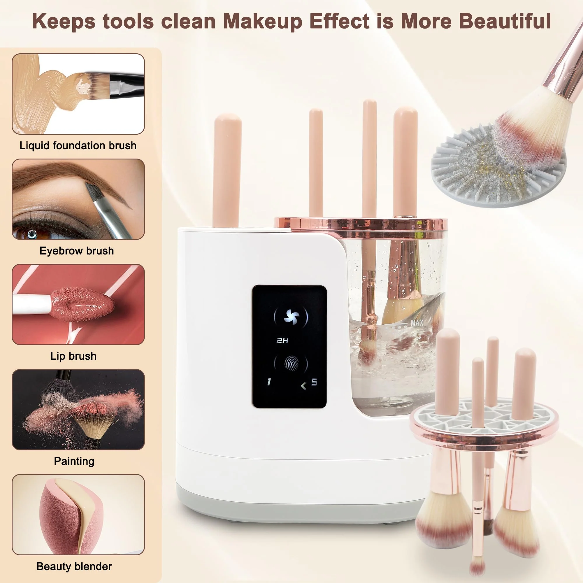 Electric Makeup Brush Cleaner Machine With Makeup Brush Dryer, Automatic Spinning Cosmetic Brushes Cleaner Tool Fit for All Size Makeup Brush with Makeup Brush Cleaning Mat - Image 4
