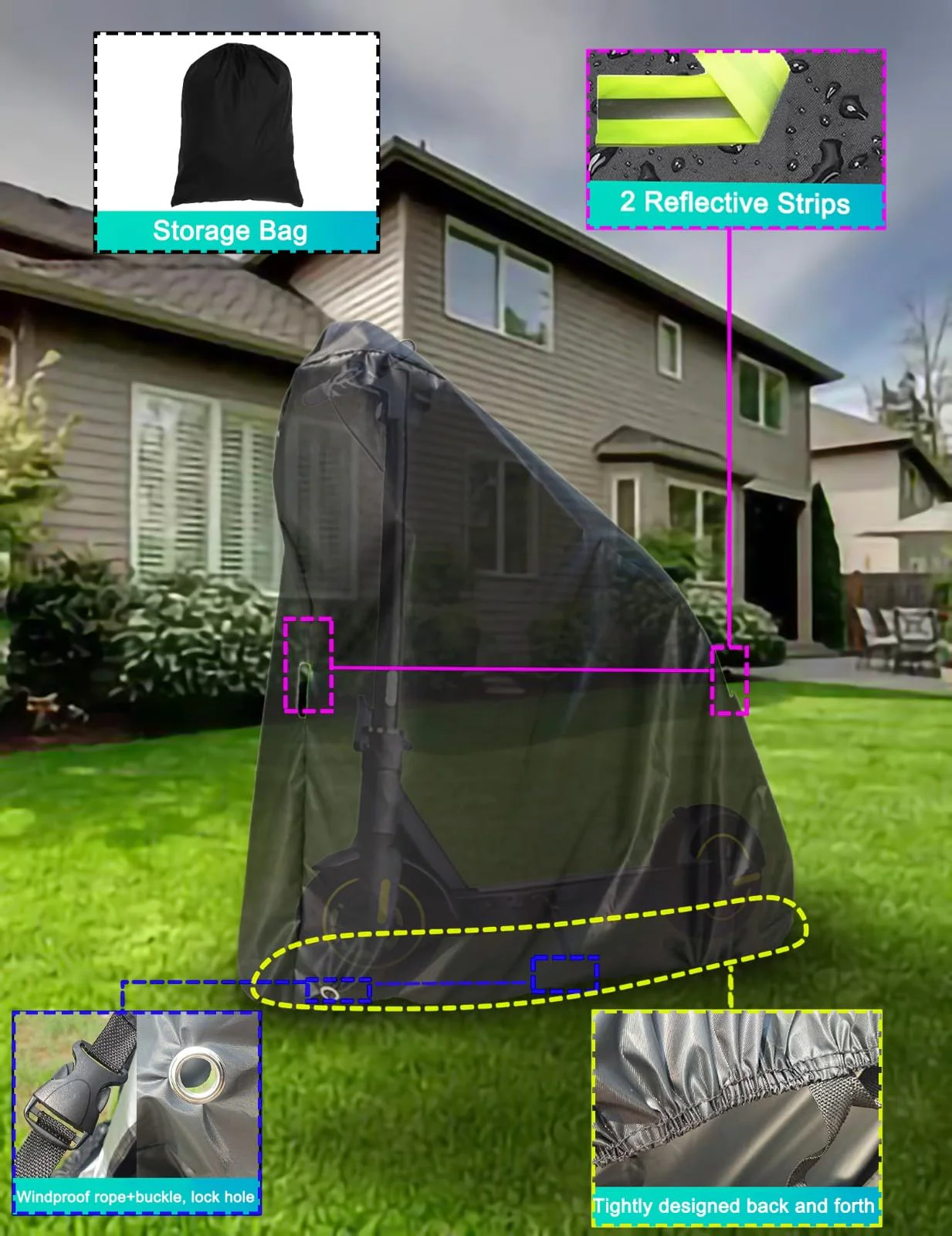 Electric Scooter Cover, Universal Scooter Cover, Waterproof Sun, Tear Proof Night Reflective and Lock-Holes&Storage Bag for With Seat or Without Foldable Kick Scooter(Without Seat,51"(L)x45"(H)) - Image 6
