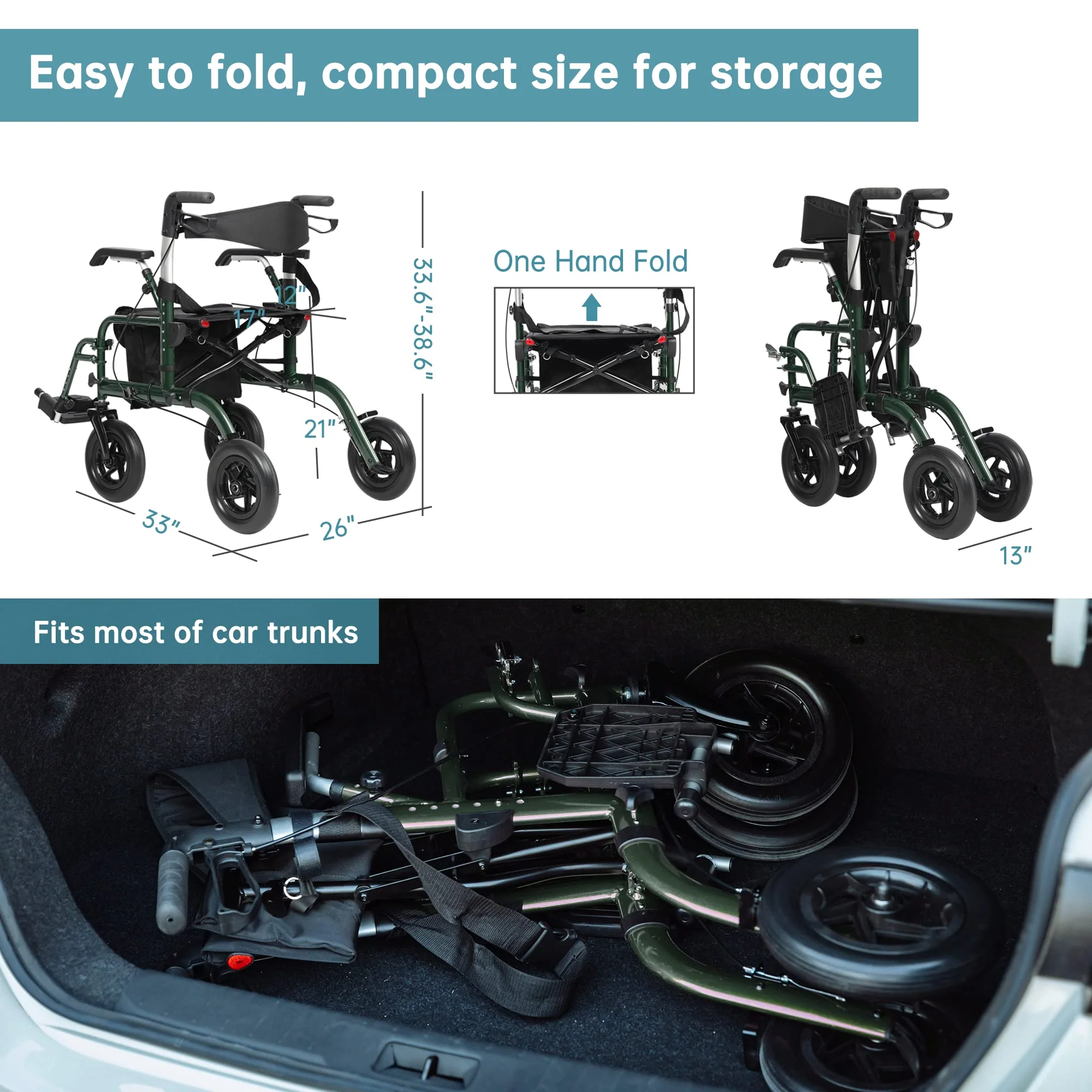 ELENKER All-Terrain 2 in 1 Rollator Walker & Transport Chair, Folding Wheelchair with All 10” Wheels for Seniors, Reversible Backrest & Detachable Footrests (Green) - Image 2