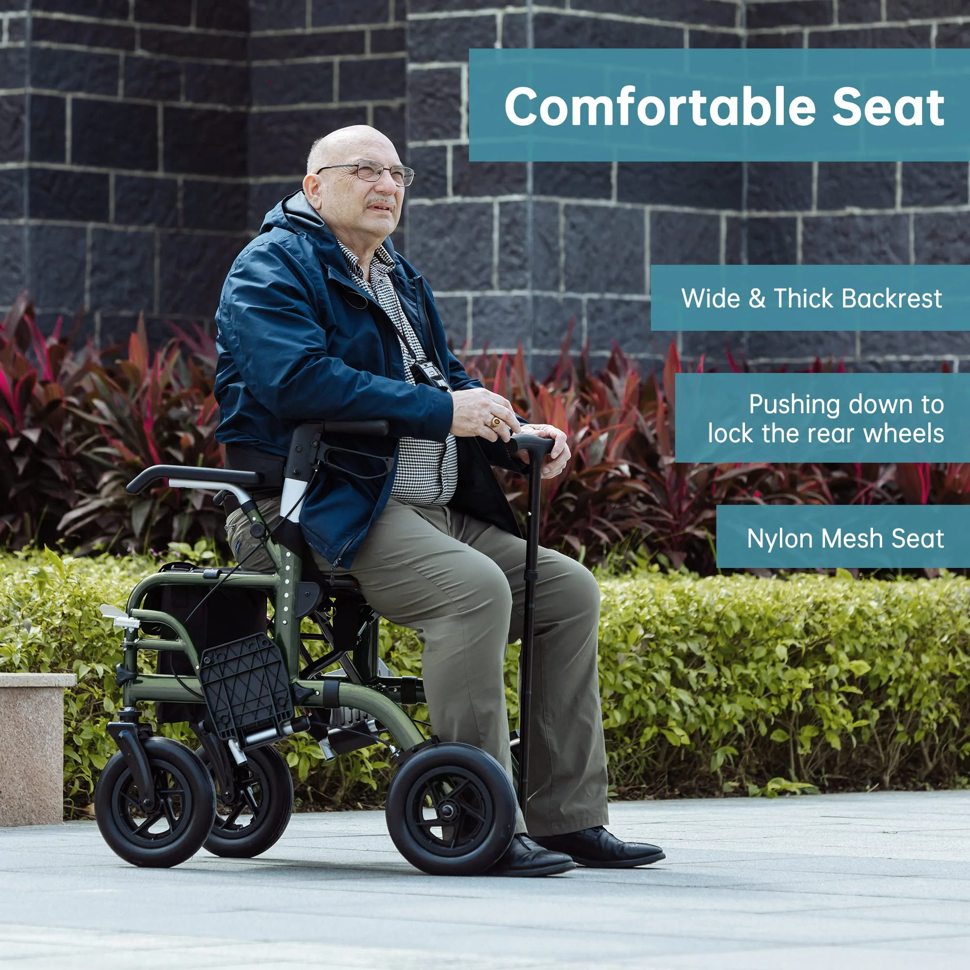 ELENKER All-Terrain 2 in 1 Rollator Walker & Transport Chair, Folding Wheelchair with All 10” Wheels for Seniors, Reversible Backrest & Detachable Footrests (Green) - Image 3
