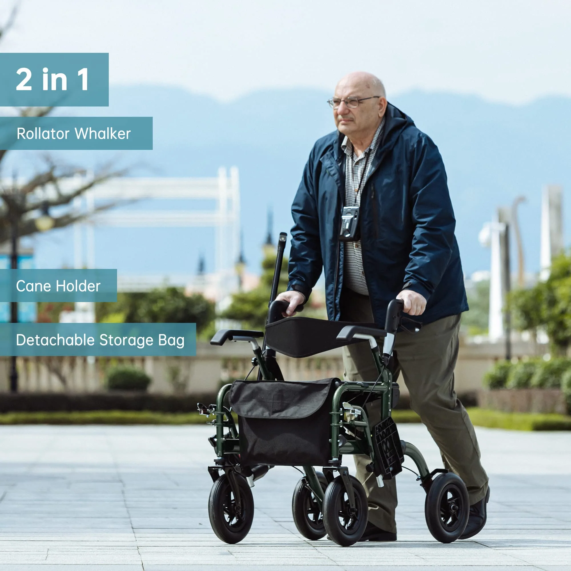 ELENKER All-Terrain 2 in 1 Rollator Walker & Transport Chair, Folding Wheelchair with All 10” Wheels for Seniors, Reversible Backrest & Detachable Footrests (Green) - Image 4