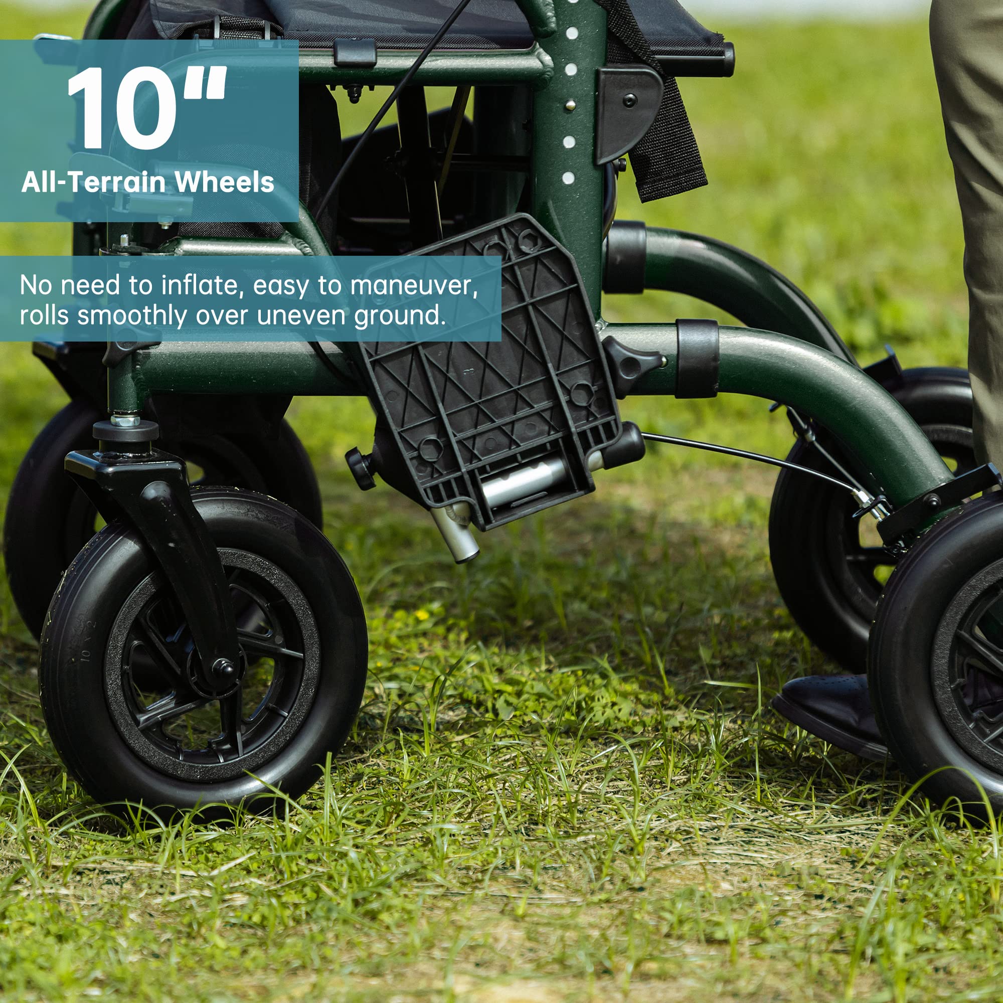 ELENKER All-Terrain 2 in 1 Rollator Walker & Transport Chair, Folding Wheelchair with All 10” Wheels for Seniors, Reversible Backrest & Detachable Footrests (Green) - Image 5