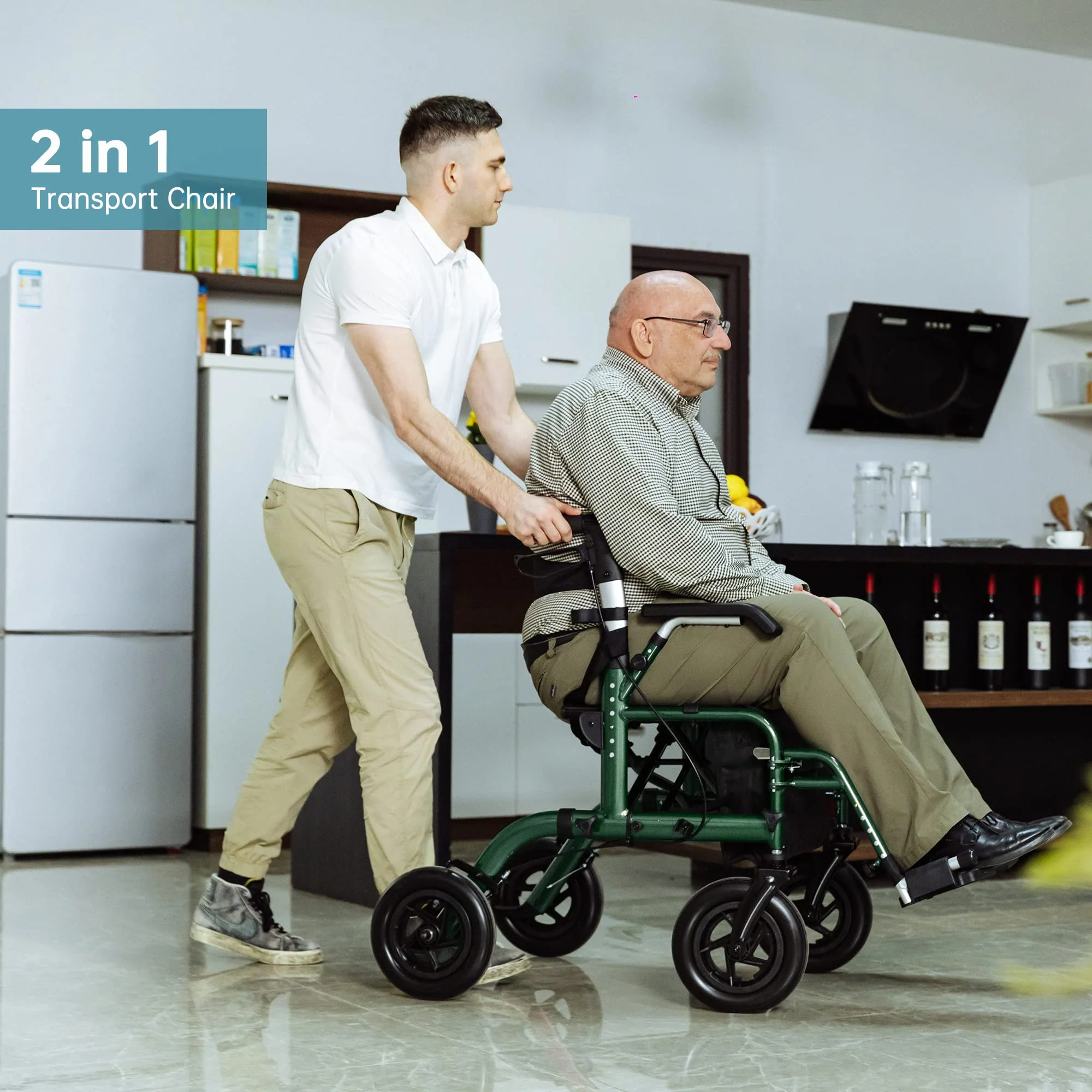 ELENKER All-Terrain 2 in 1 Rollator Walker & Transport Chair, Folding Wheelchair with All 10” Wheels for Seniors, Reversible Backrest & Detachable Footrests (Green) - Image 6
