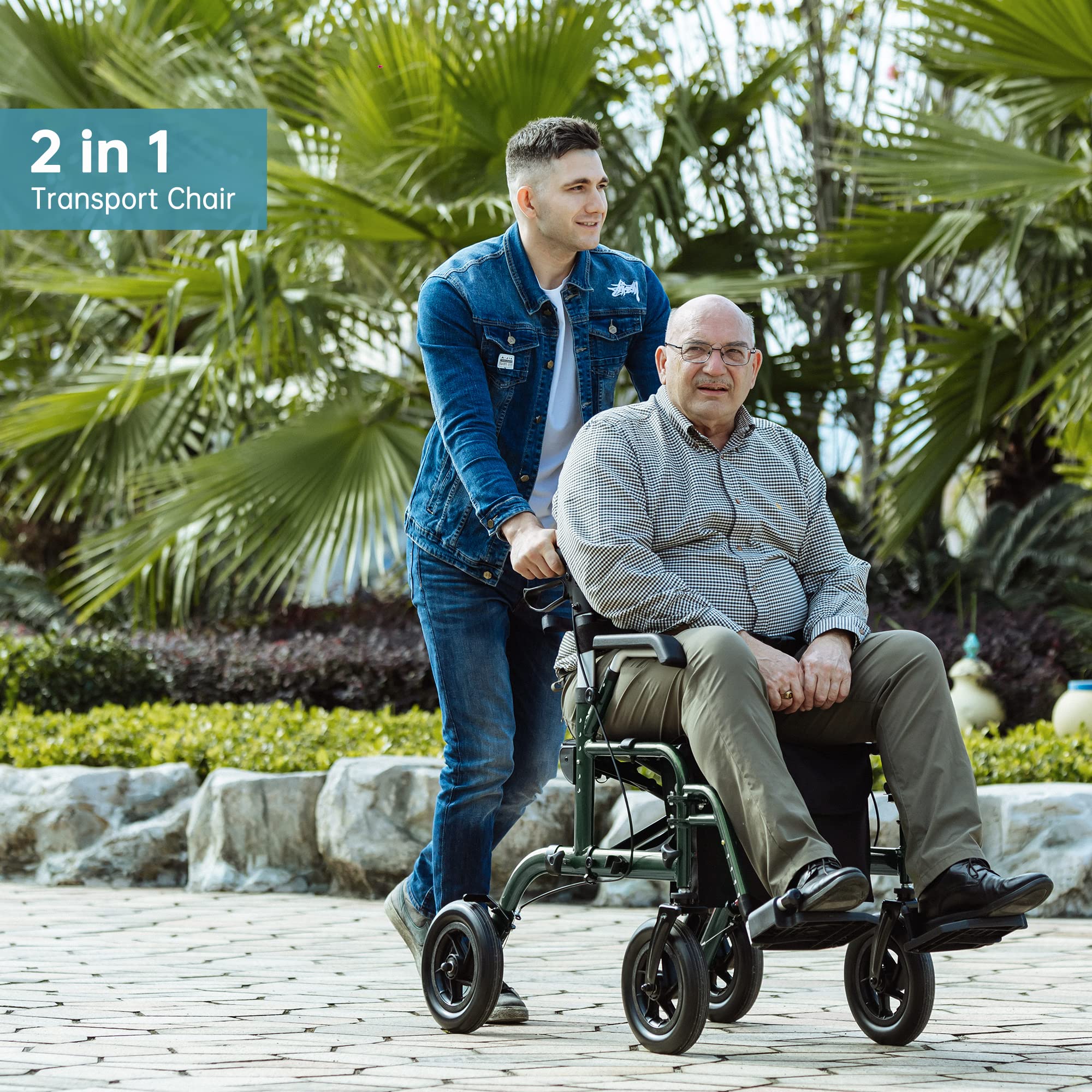 ELENKER All-Terrain 2 in 1 Rollator Walker & Transport Chair, Folding Wheelchair with All 10” Wheels for Seniors, Reversible Backrest & Detachable Footrests (Green) - Image 7