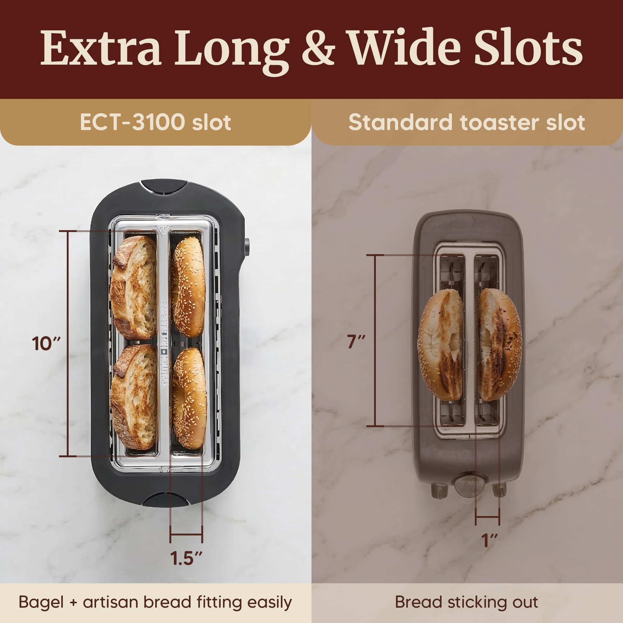 Elite Gourmet ECT-3100 4-Slice Long Slot Toaster | Extra Wide Slots for Bagels, Sourdough & Texas Toast | 6 Browning Settings | Reheat, Defrost & Cancel | Built-In Warming Rack | Stainless Steel - Image 6