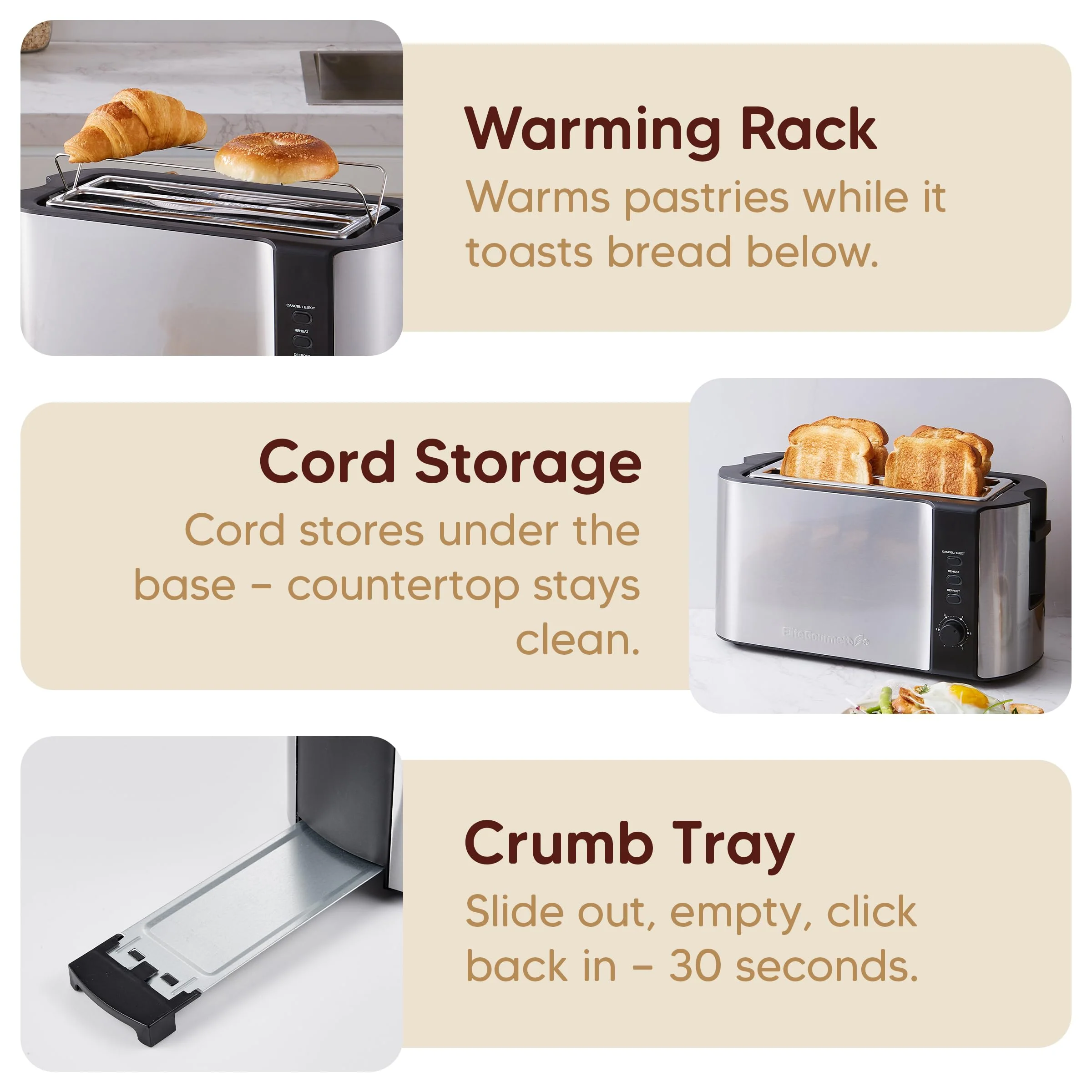 Elite Gourmet ECT-3100 4-Slice Long Slot Toaster | Extra Wide Slots for Bagels, Sourdough & Texas Toast | 6 Browning Settings | Reheat, Defrost & Cancel | Built-In Warming Rack | Stainless Steel - Image 8