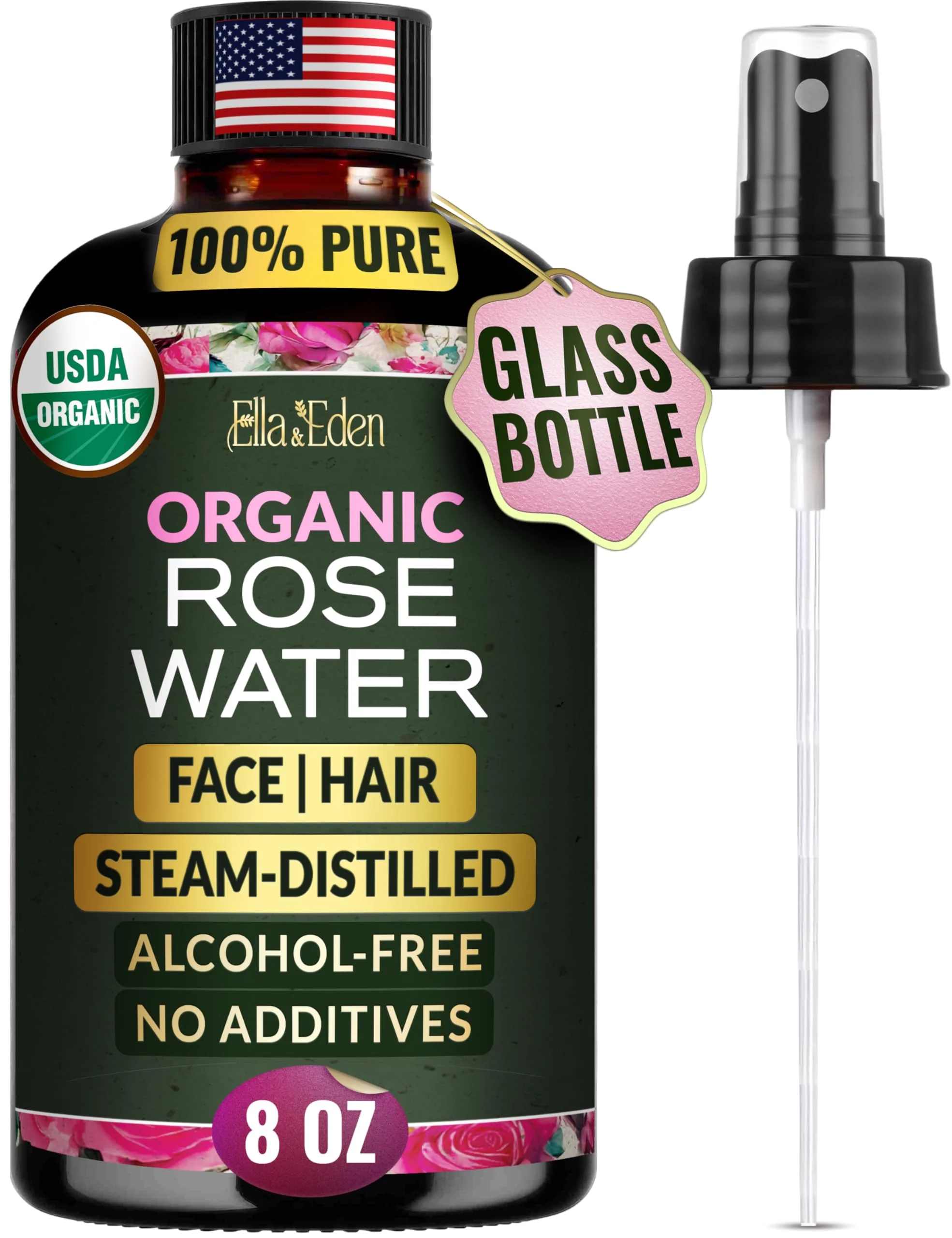 Ella & Eden 100% Pure Organic Rose Water Spray for Face, for Hair - 8oz, Alcohol-Free, No additives - USDA Organic, Steam-Distilled - Refreshing, Hydrating, Glass Bottle