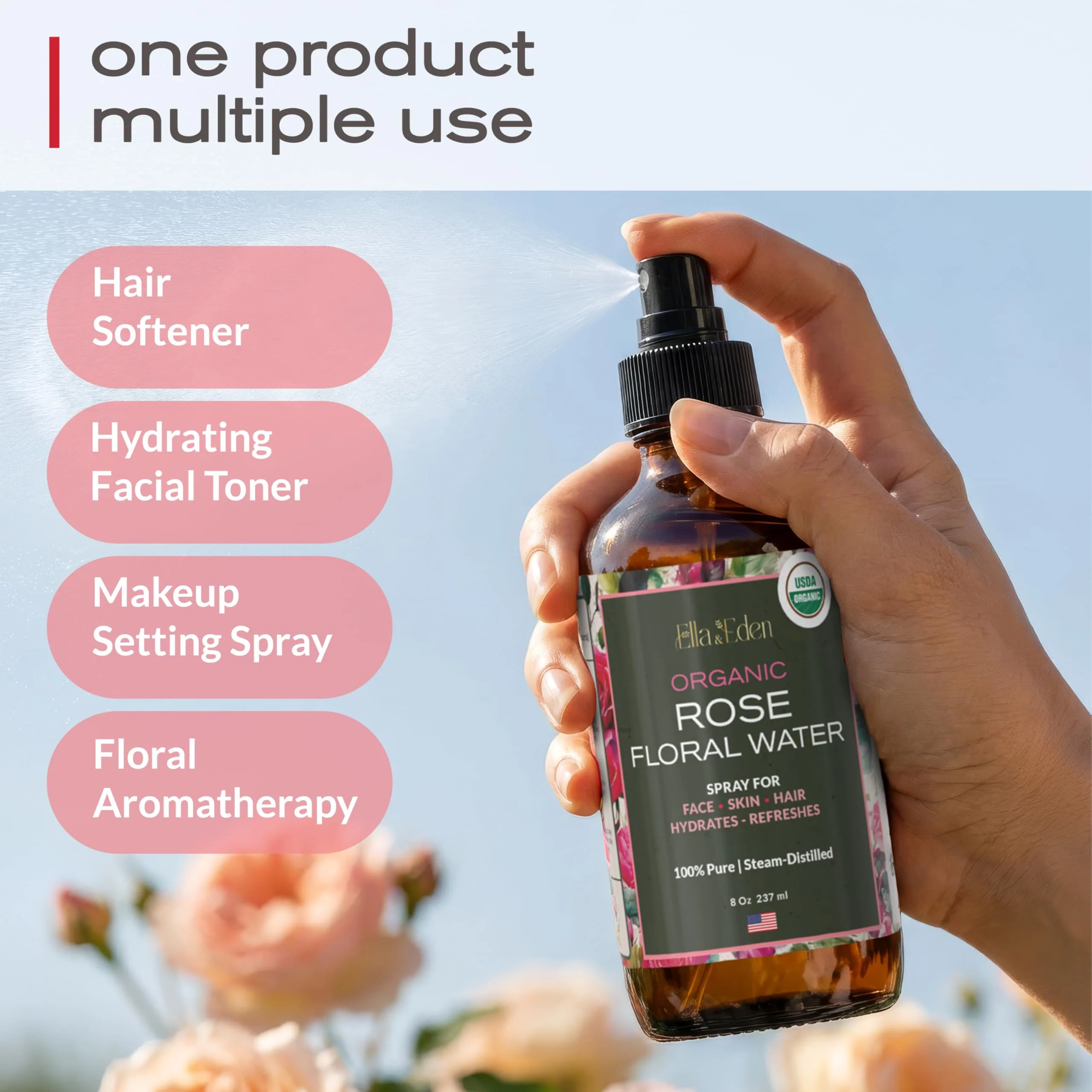 Ella & Eden 100% Pure Organic Rose Water Spray for Face, for Hair - 8oz, Alcohol-Free, No additives - USDA Organic, Steam-Distilled - Refreshing, Hydrating, Glass Bottle - Image 6