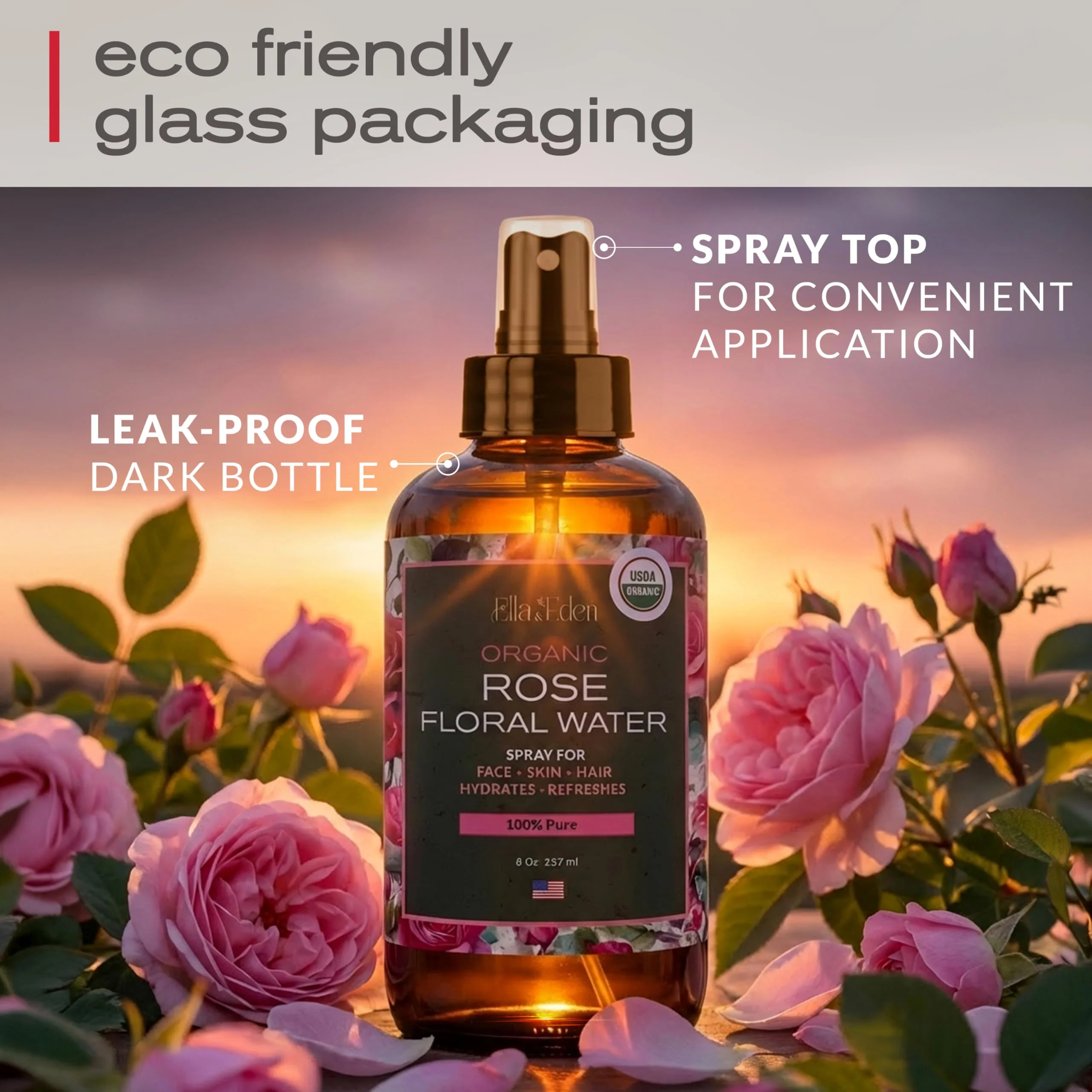Ella & Eden 100% Pure Organic Rose Water Spray for Face, for Hair - 8oz, Alcohol-Free, No additives - USDA Organic, Steam-Distilled - Refreshing, Hydrating, Glass Bottle - Image 8