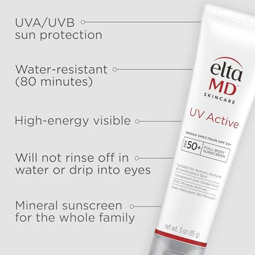 EltaMD UV Active Mineral Sunscreen with Zinc Oxide, Water Resistant Sunscreen SPF 50+ Up to 80 Minutes, Oil Free SPF for Face and Body, 3.0 oz Tube - Image 10