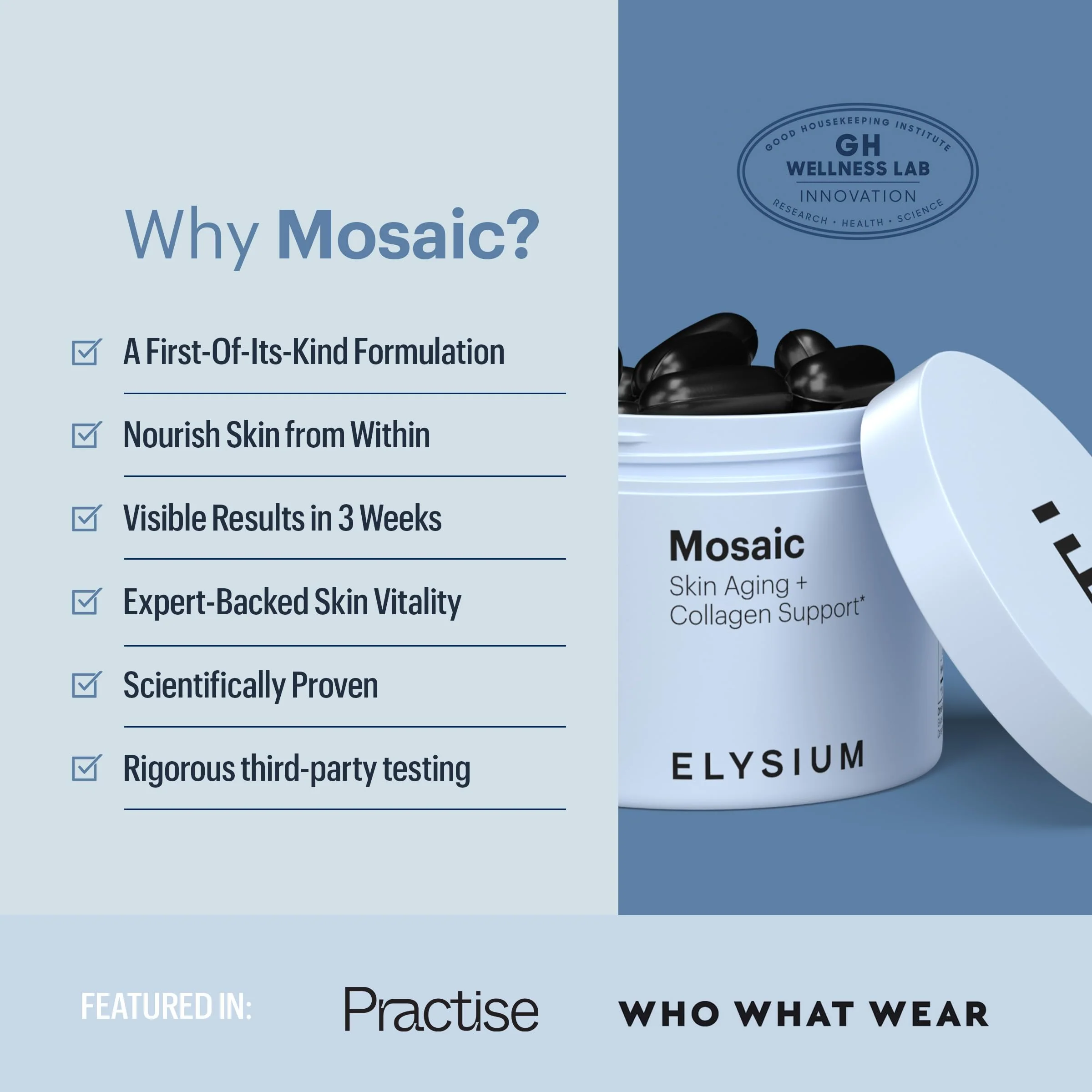 ELYSIUM Mosaic - Hyaluronic Acid Supplement - Clinically Proven - Fights Fine Lines & Skin Aging - Collagen Supplement - 30-Day Supply (Vegan Softgels) - Image 5