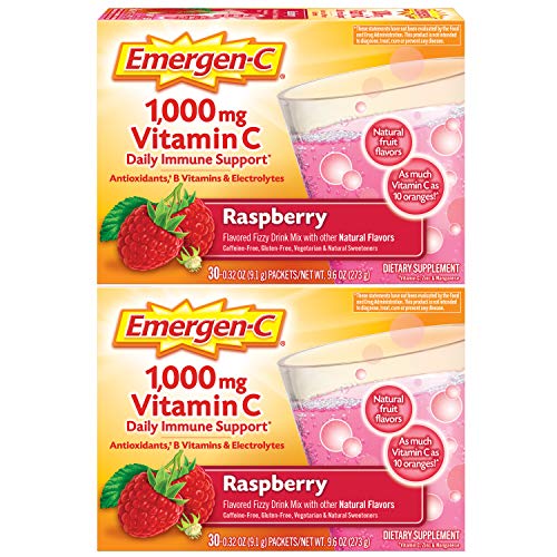 Emergen-C 1000mg Vitamin C Powder, with Antioxidants, B Vitamins and Electrolytes, Vitamin C Supplements for Immune Support, Caffeine Free Drink Mix, Raspberry Flavor - 60 Count/2 Month Supply