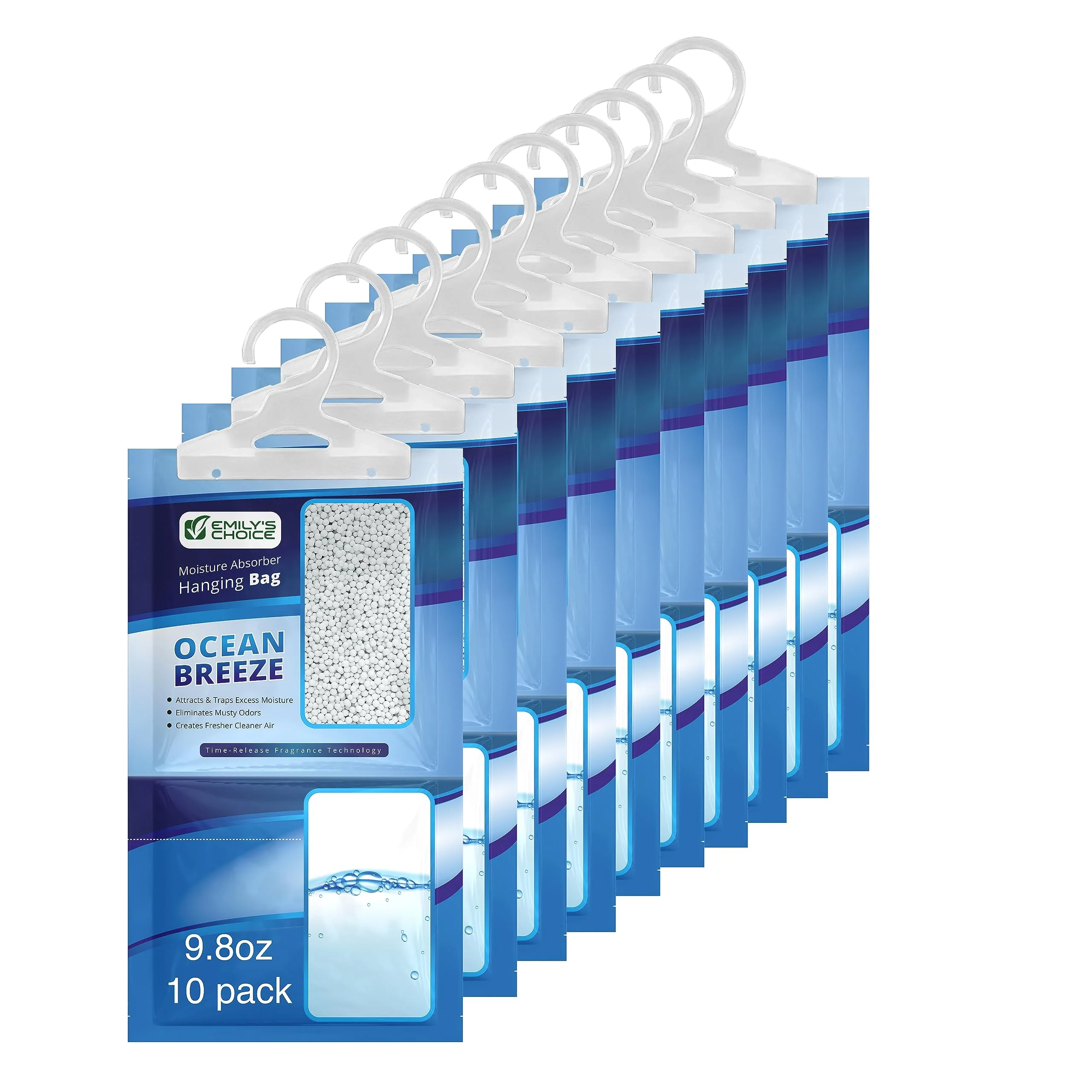 Emily's Choice Ocean Breeze Hanging Moisture Absorber 9.8oz (10 Pack) - Eliminates Musty Odors for Fresher,Ideal for Closet, RV, Boat,Large 16oz / 500ml Catch Basin/Comparable to Damp Rid