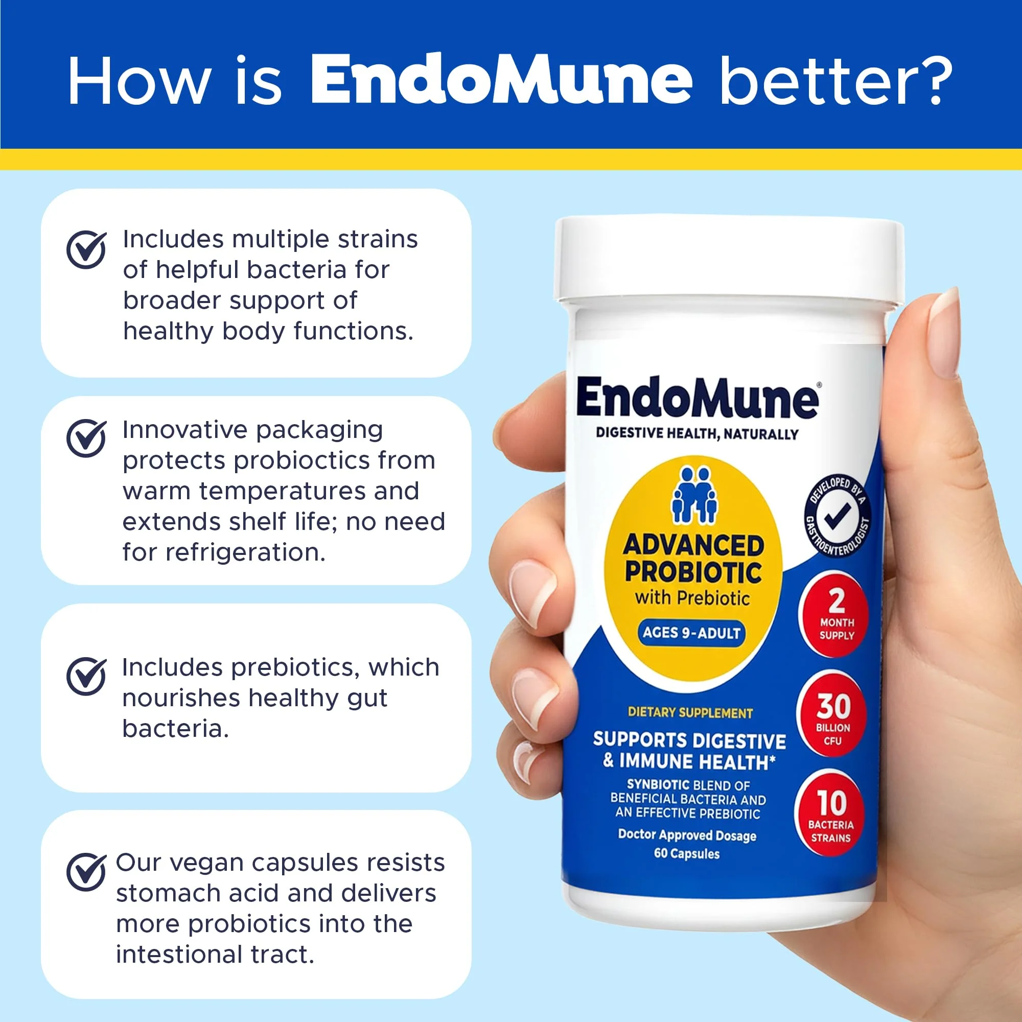 Endomune Advanced Adult Multi-Strain Probiotic Supplement with Prebiotic - 10 Strains, 30 Billion CFU - Physician Formulated (60-Count) - Image 5