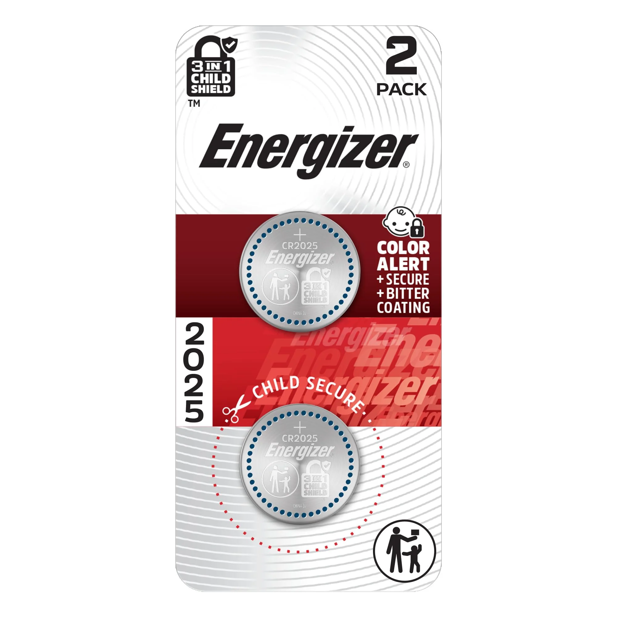 Energizer 2025 Batteries (2 Pack), 3V Lithium Coin Batteries With 3-in-1 Child Shield