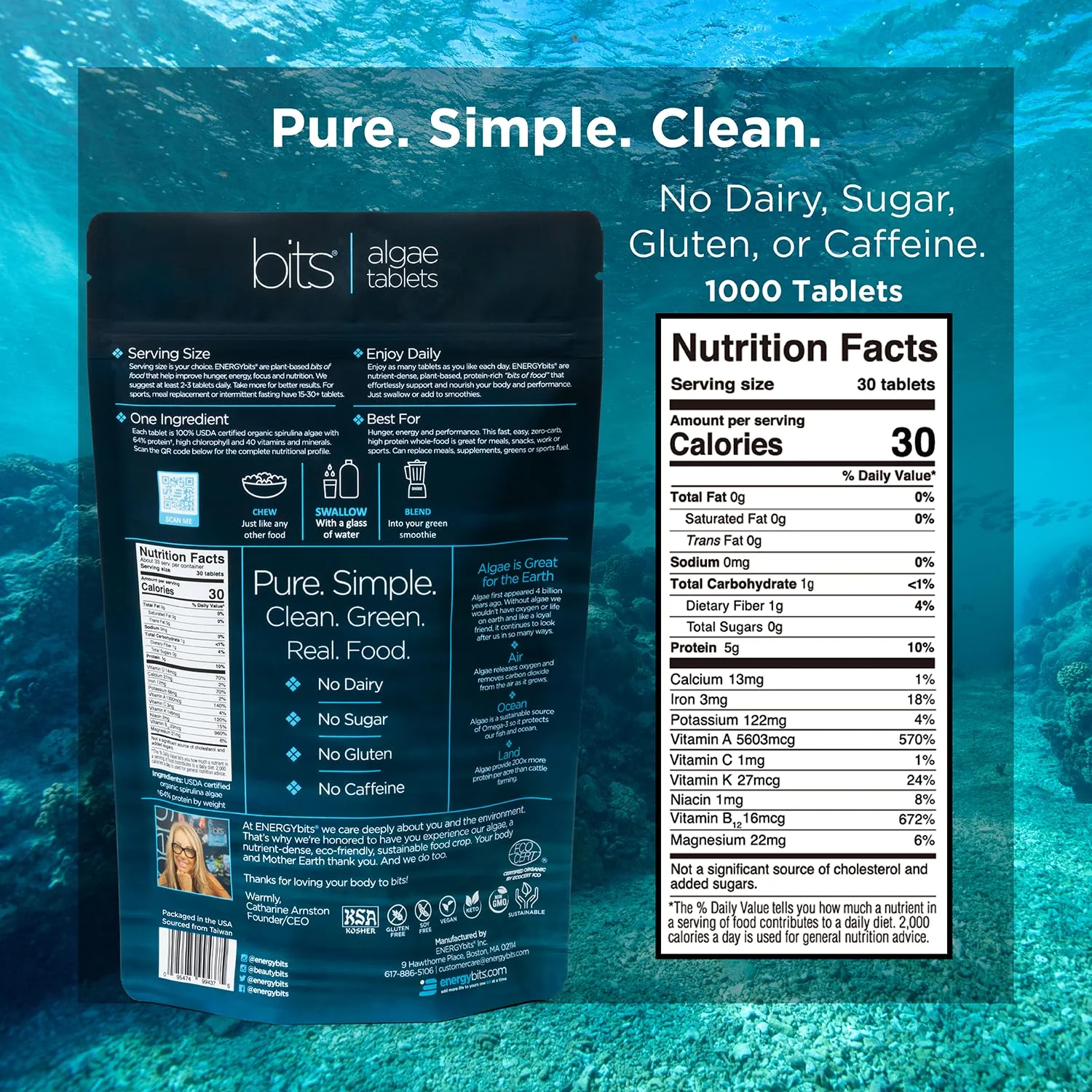 ENERGYBITS - Organic Spirulina Tablets - Plant-Based Algae Superfood - for Focus, Fitness, Energy - Plant Protein - Gluten Free - Collagen, Vitamin B12, Omega 3 - Keto & Vegan - 1000 Algae Tablets - Image 3