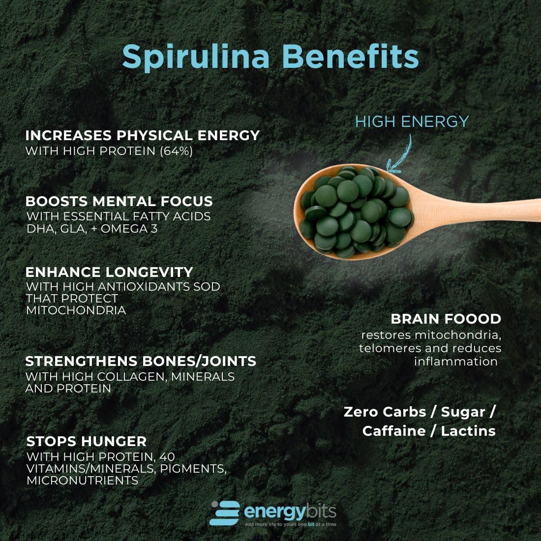ENERGYBITS - Organic Spirulina Tablets - Plant-Based Algae Superfood - for Focus, Fitness, Energy - Plant Protein - Gluten Free - Collagen, Vitamin B12, Omega 3 - Keto & Vegan - 1000 Algae Tablets - Image 4