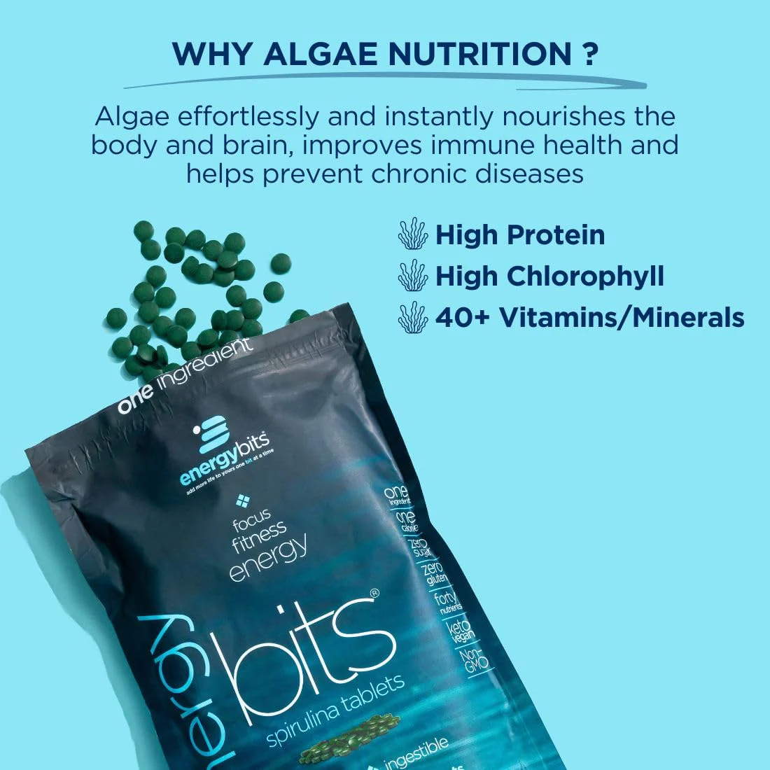 ENERGYBITS - Organic Spirulina Tablets - Plant-Based Algae Superfood - for Focus, Fitness, Energy - Plant Protein - Gluten Free - Collagen, Vitamin B12, Omega 3 - Keto & Vegan - 1000 Algae Tablets - Image 6