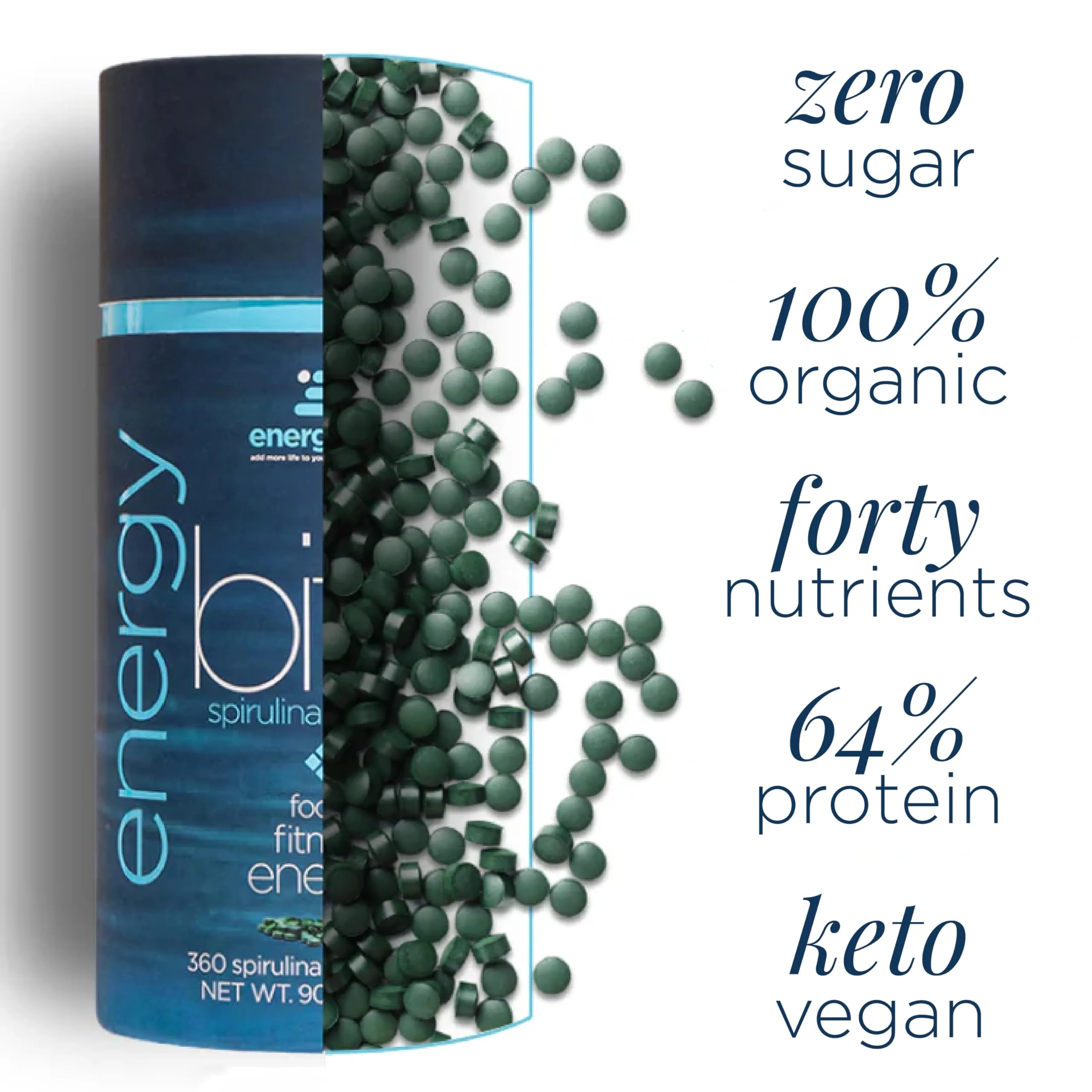 ENERGYBITS - Organic Spirulina Tablets - Plant-Based Algae Superfood - for Focus, Fitness, Energy - Plant Protein - Gluten Free - Collagen, Vitamin B12, Omega 3 - Keto & Vegan - 60 Algae Tablets - Image 5