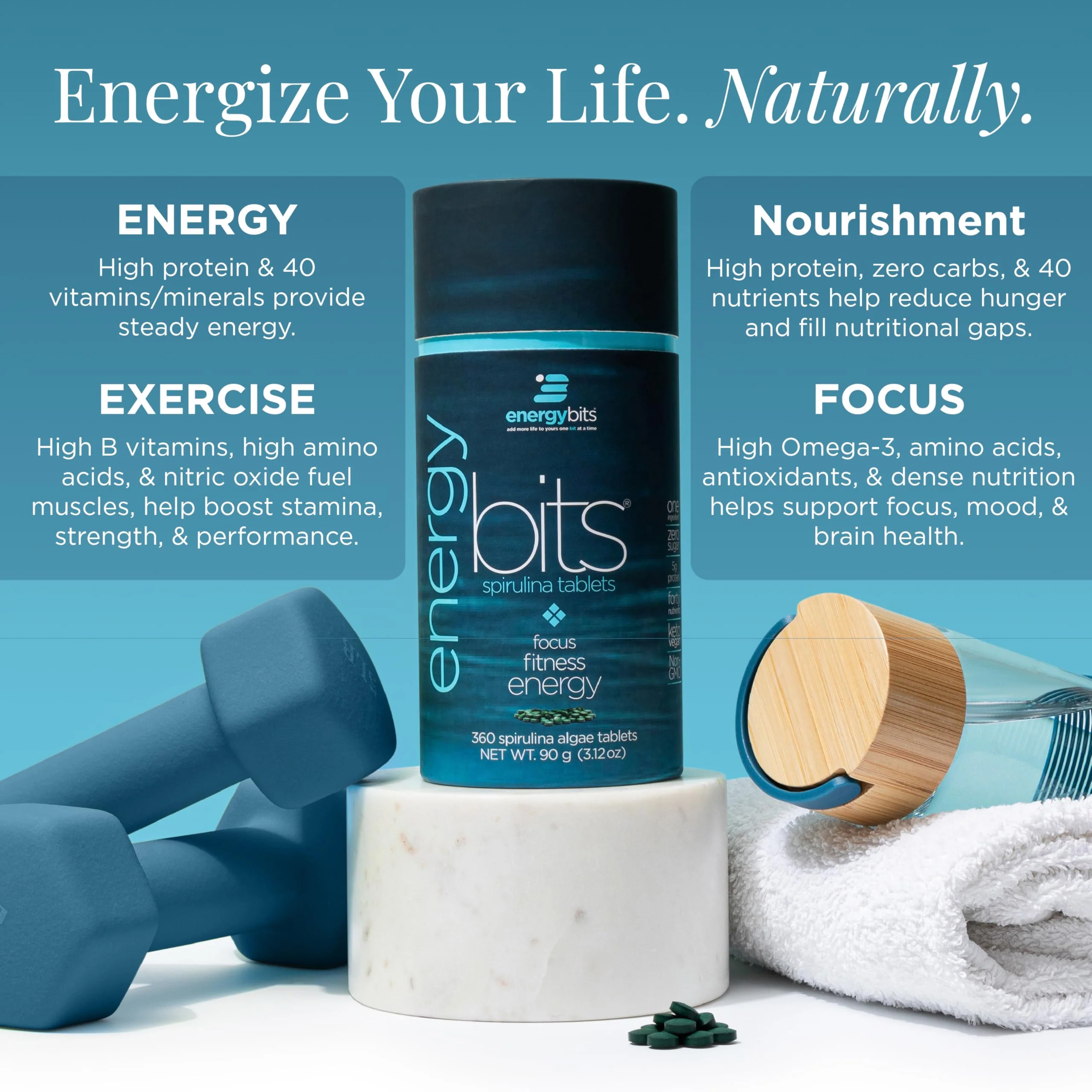 ENERGYBITS - Organic Spirulina Tablets - Plant-Based Algae Superfood - for Focus, Fitness, Energy - Plant Protein - Gluten Free - Collagen, Vitamin B12, Omega 3 - Keto & Vegan - 60 Algae Tablets - Image 7