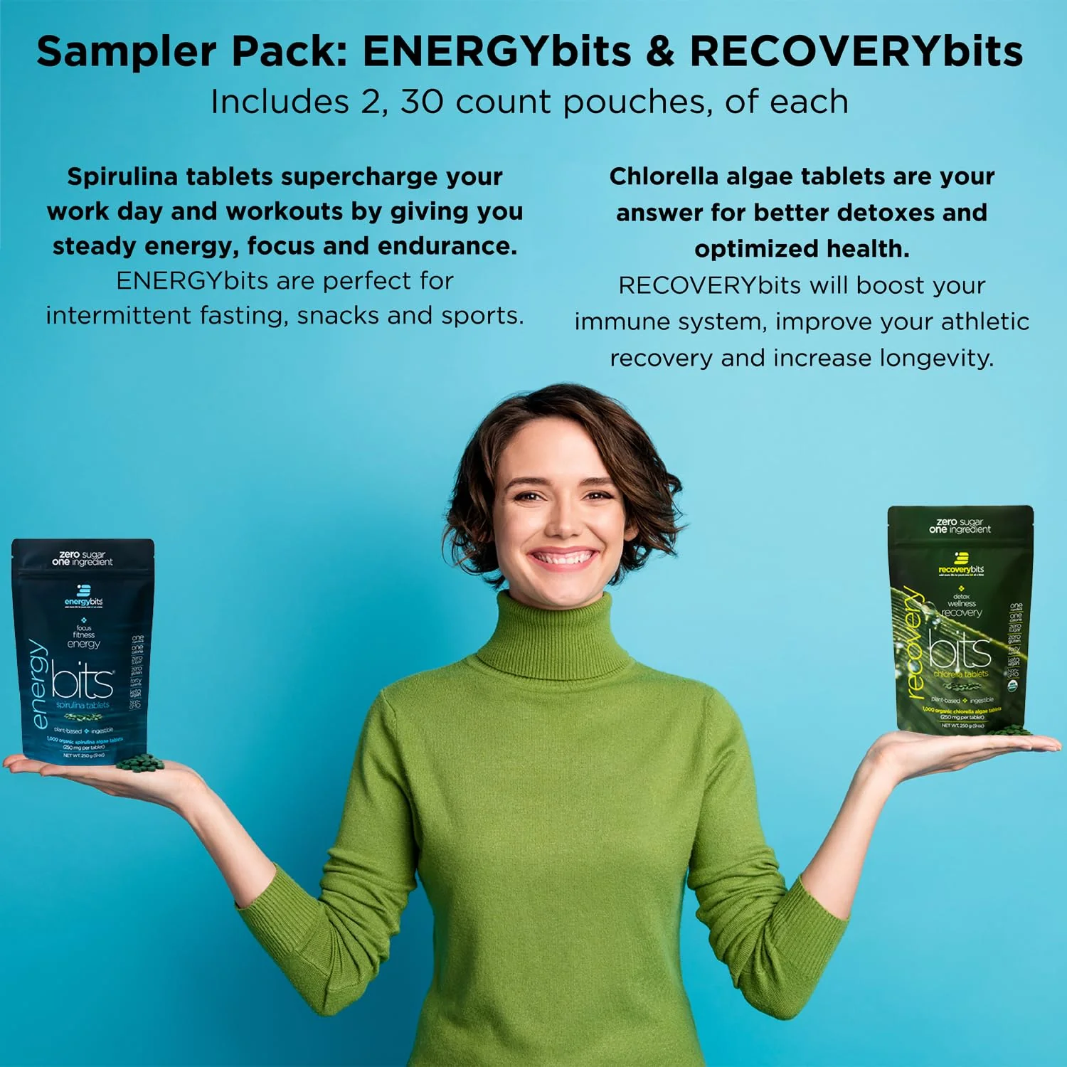 ENERGYbits/RECOVERYbits - Organic Spirulina & Chlorella Tablets - Single Serving Sample Packs - Algae Superfood - High Protein, Chlorophyll - Self Care - Vegan, Keto, Gluten Free - 4 Bags, 30/Bag - Image 6