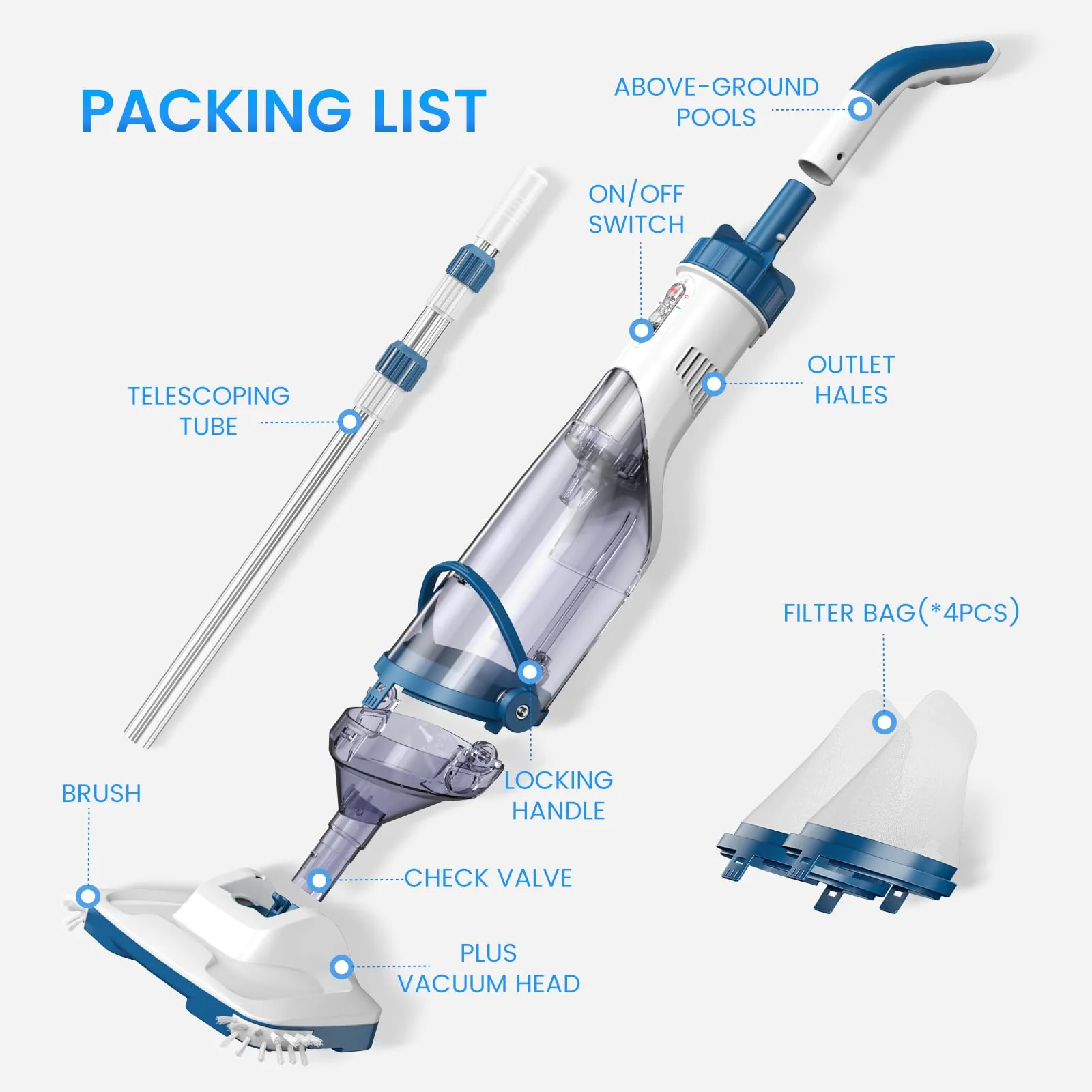 ENHULK Pool Vacuum for Above Ground Pool, Upgraded 13.4" Wide Head & Telescopic Pole, 18.5 GPM Suction, 60 Min Runtime, Cordless Handheld Rechargeable Pool Cleaner for Inground Pools (Blue) - Image 2