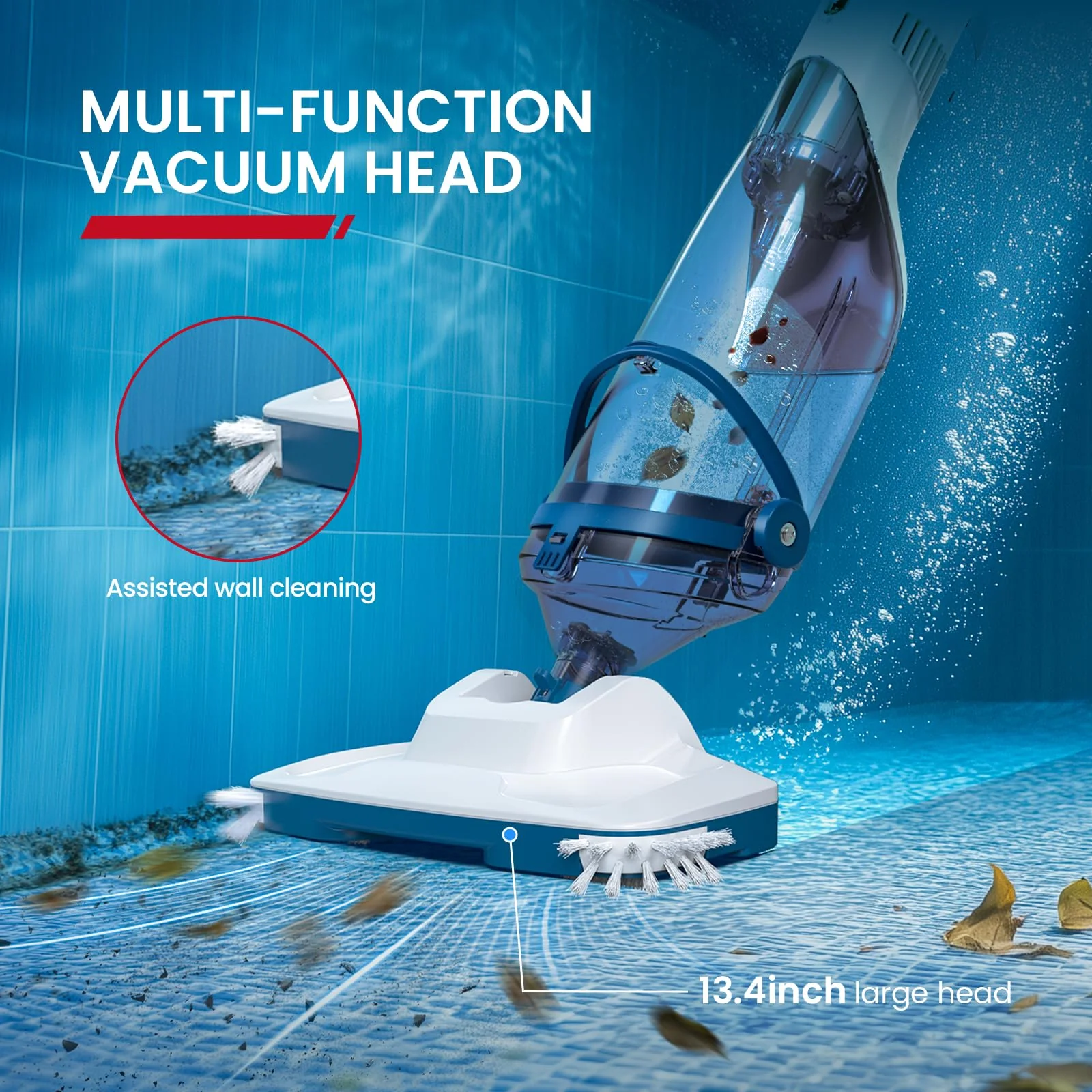 ENHULK Pool Vacuum for Above Ground Pool, Upgraded 13.4" Wide Head & Telescopic Pole, 18.5 GPM Suction, 60 Min Runtime, Cordless Handheld Rechargeable Pool Cleaner for Inground Pools (Blue) - Image 3
