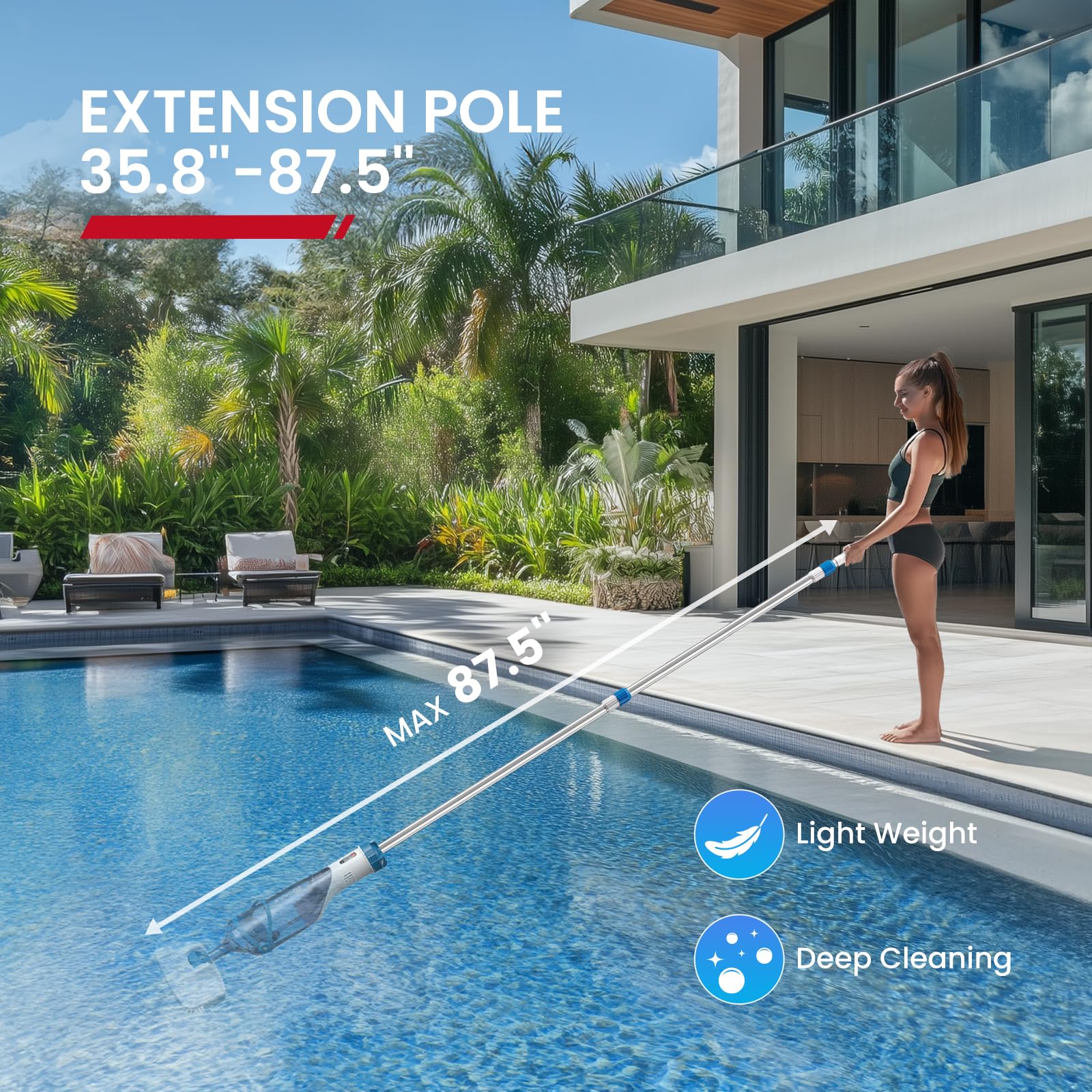 ENHULK Pool Vacuum for Above Ground Pool, Upgraded 13.4" Wide Head & Telescopic Pole, 18.5 GPM Suction, 60 Min Runtime, Cordless Handheld Rechargeable Pool Cleaner for Inground Pools (Blue) - Image 4