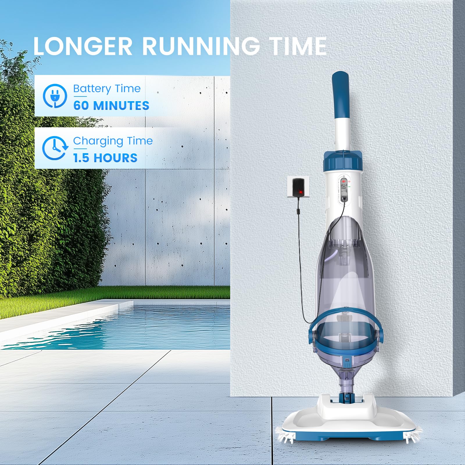 ENHULK Pool Vacuum for Above Ground Pool, Upgraded 13.4" Wide Head & Telescopic Pole, 18.5 GPM Suction, 60 Min Runtime, Cordless Handheld Rechargeable Pool Cleaner for Inground Pools (Blue) - Image 5