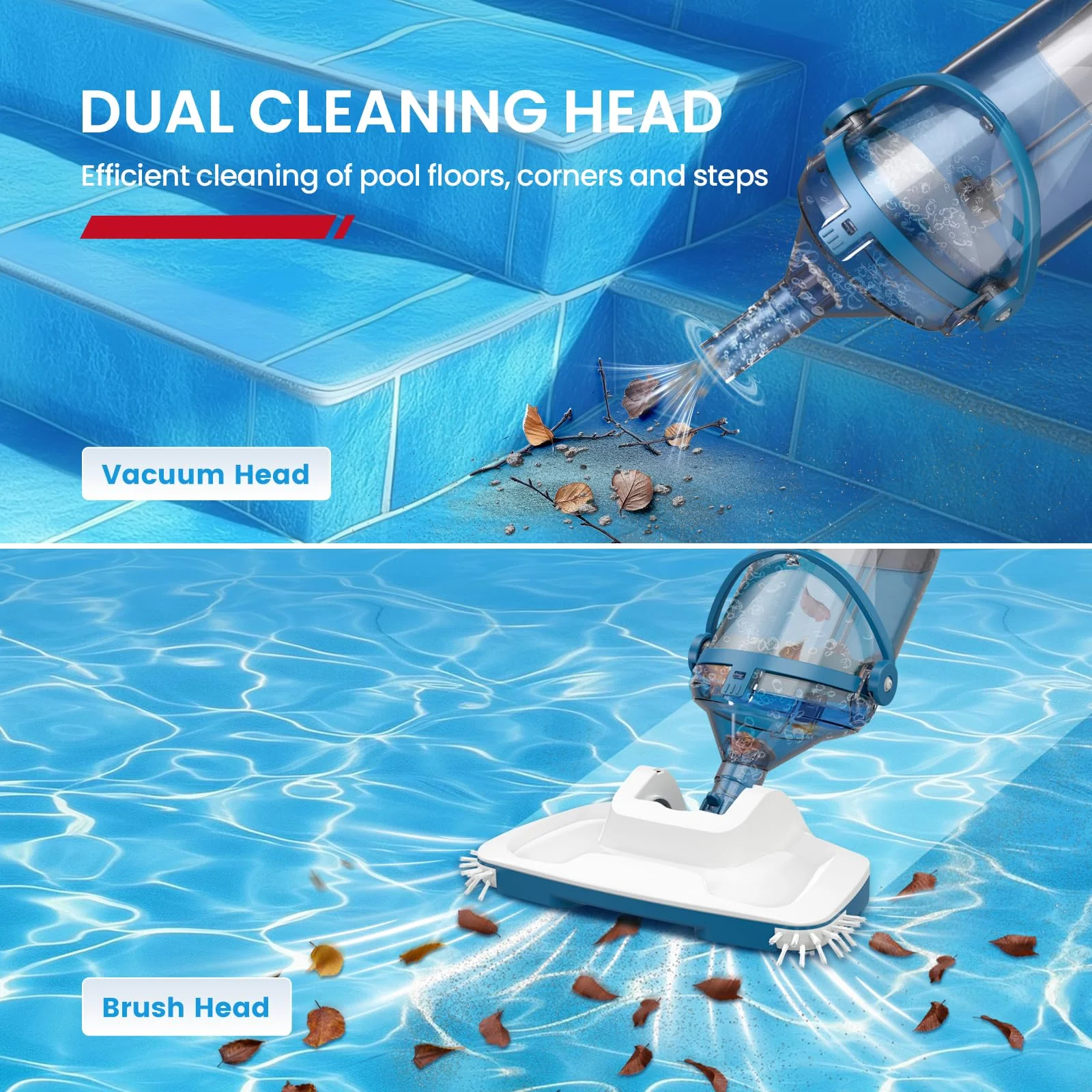 ENHULK Pool Vacuum for Above Ground Pool, Upgraded 13.4" Wide Head & Telescopic Pole, 18.5 GPM Suction, 60 Min Runtime, Cordless Handheld Rechargeable Pool Cleaner for Inground Pools (Blue) - Image 6