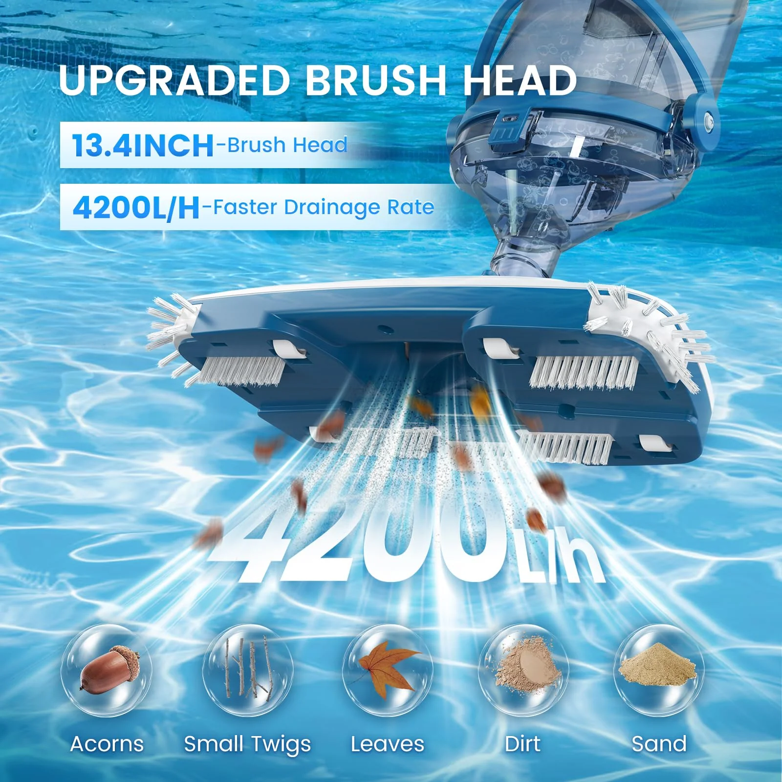 ENHULK Pool Vacuum for Above Ground Pool, Upgraded 13.4" Wide Head & Telescopic Pole, 18.5 GPM Suction, 60 Min Runtime, Cordless Handheld Rechargeable Pool Cleaner for Inground Pools (Blue) - Image 7