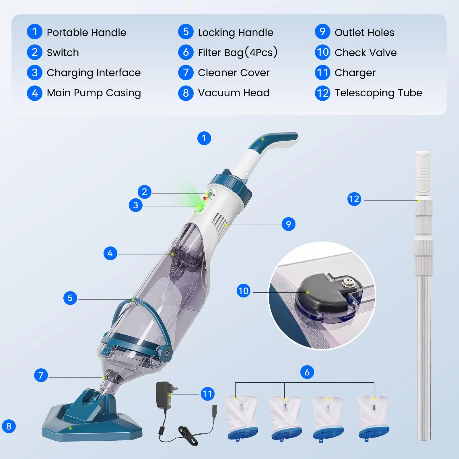 Enhulk Rechargeable Handheld Cordless Pool Vacuum for Above Ground Pool and Inground Pool(2025 Upgraded),60-Minute Runtime,Powerful Suction up to 18.5 gallons/min, Efficient Leaf and Debris Removal - Image 3