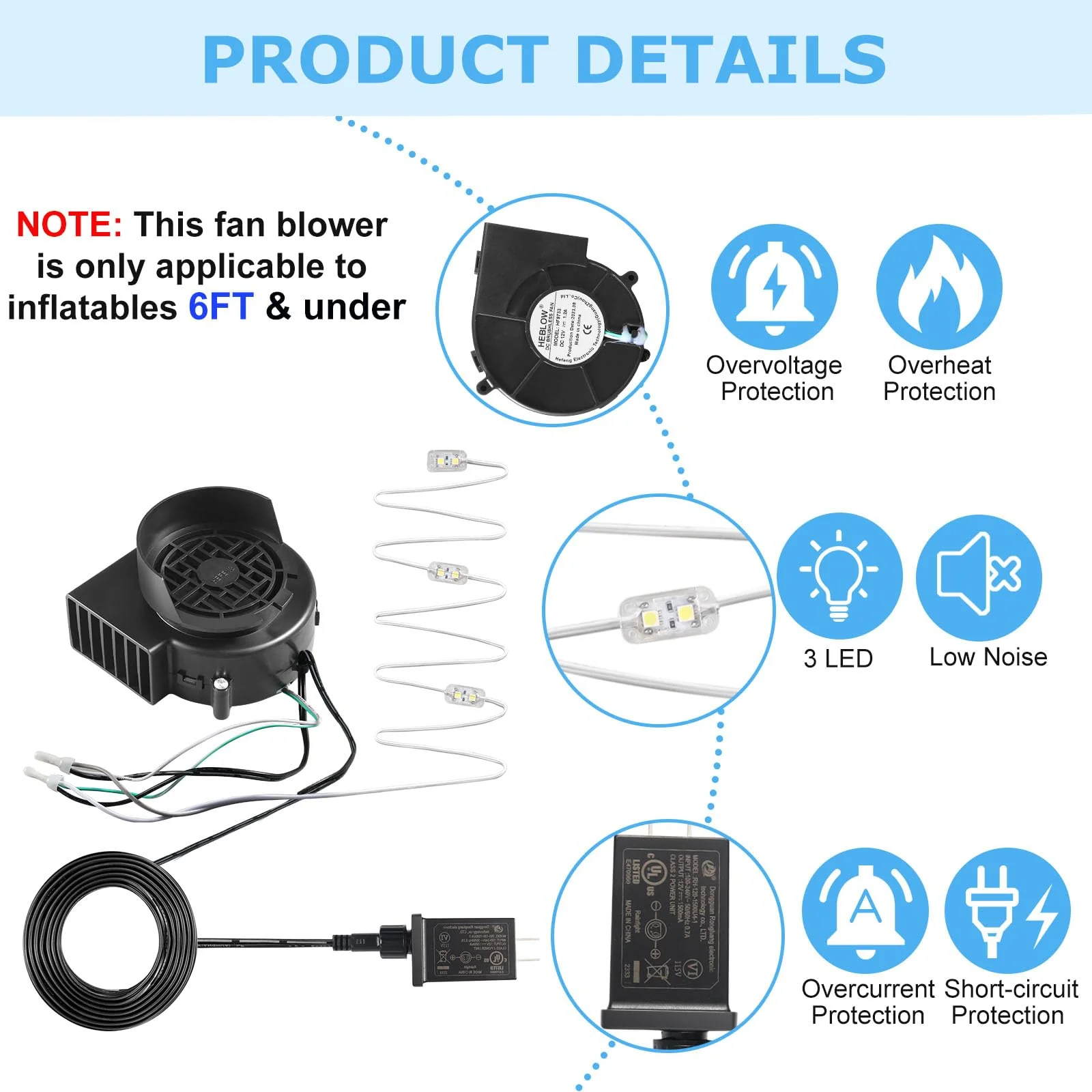 Envanptaz 2-Pack Inflatable Fan Blower Replacement, 12V 1.2A Air Blower for Inflatables with 3 LED Light Strings for Thanksgiving Christmas Halloween Yard Party Holiday Inflatable Decorations - Image 5