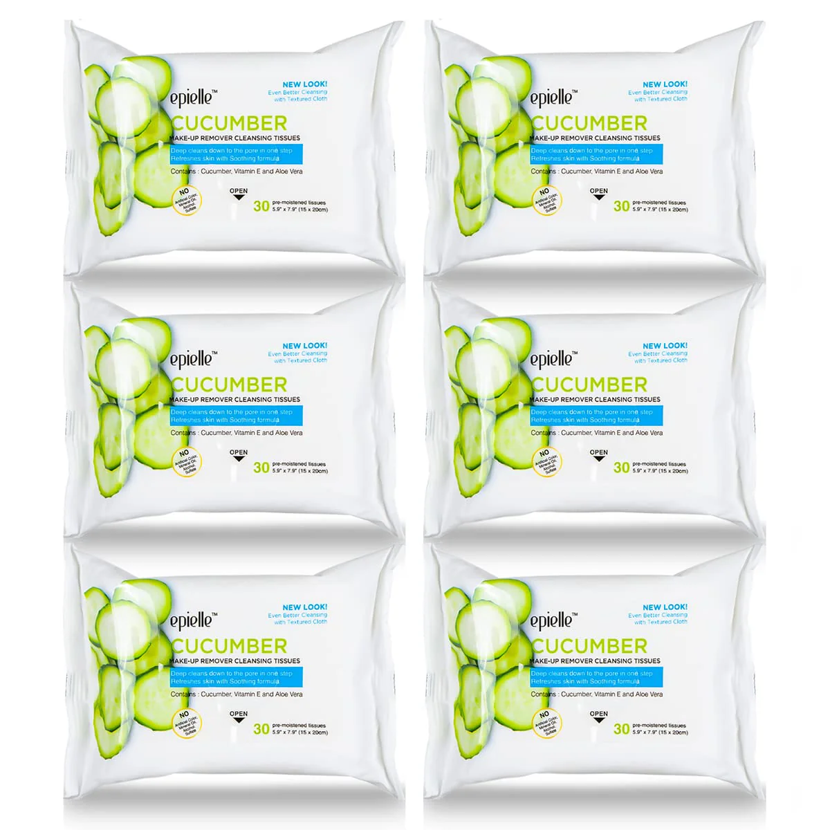 Epielle Cucumber Makeup Remover Wipes, Gentle Daily Facial Cleanser Towelettes, Remove Dirt, Oil & Waterproof Mascara, Stocking Stuffers, 30 Count (Pack of 6)