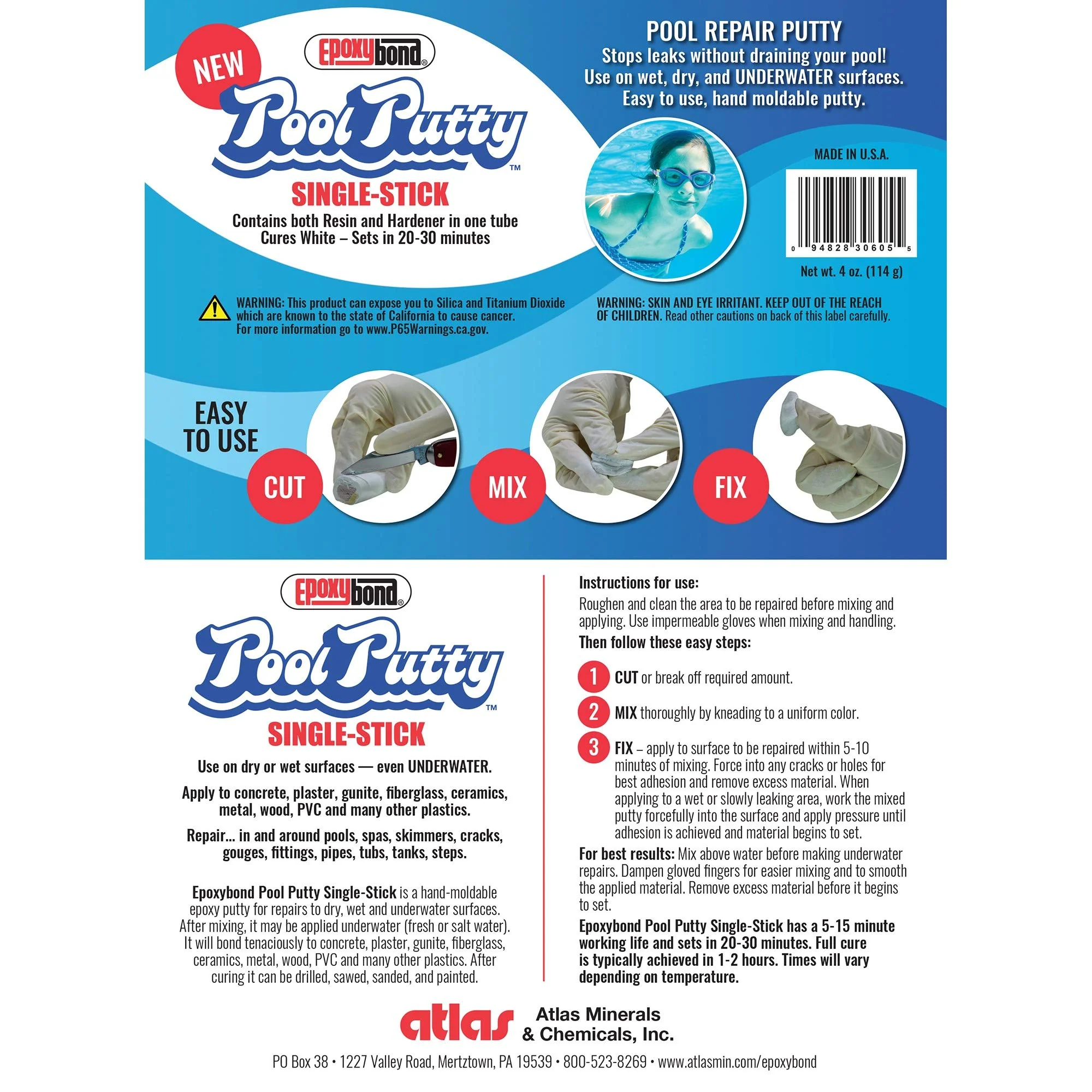 Epoxybond Pool Putty Single-Stick 4 oz | Pool & Spa Repair | Easy for Anyone to DIY | Works Underwater or Above | Fix Cracks Leaks in Concrete, Fiberglass & Other Surfaces | by Atlas Minerals - Image 5