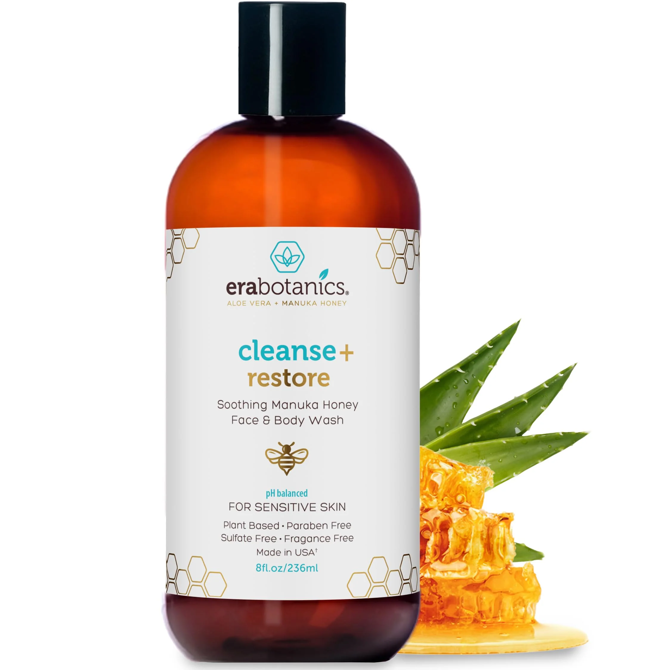 Era Organics Manuka Honey Face Wash for Sensitive Skin - Sulfate Free Gentle Cleanser with Organic Aloe Vera, Hyaluronic Acid & More - Soothing & Moisturizing for Dry Skin - Made in USA (8 oz)